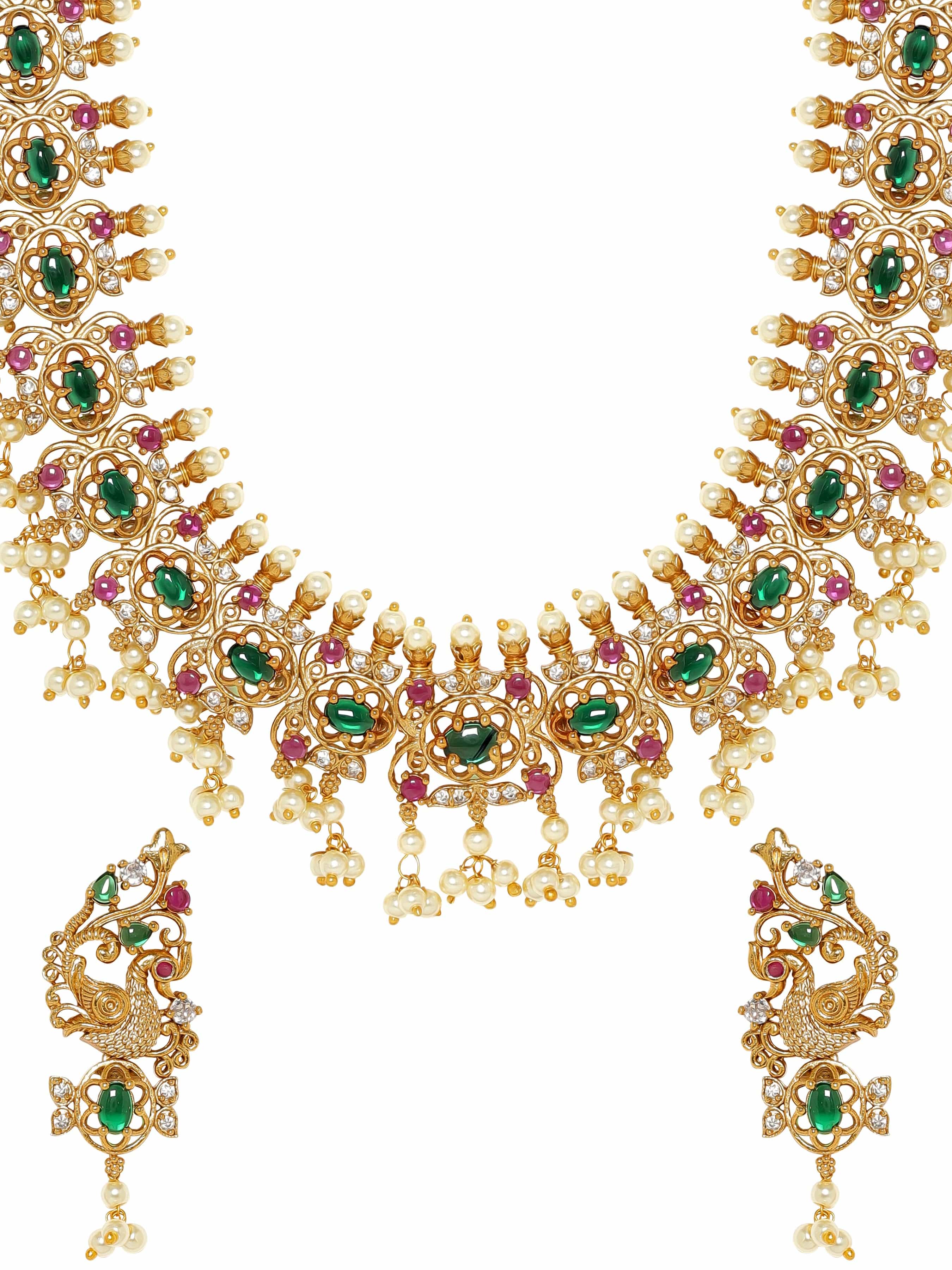 Pink & Green Studded Pearl Drop Necklace Set