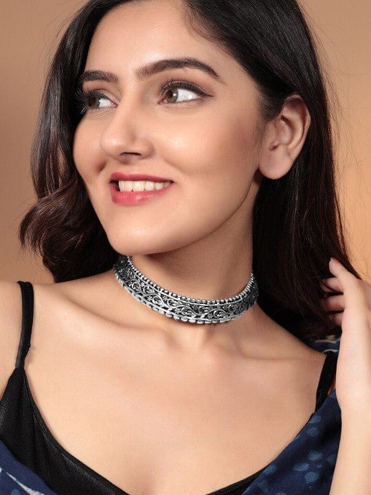 Silver Oxidised Floral Design Choker