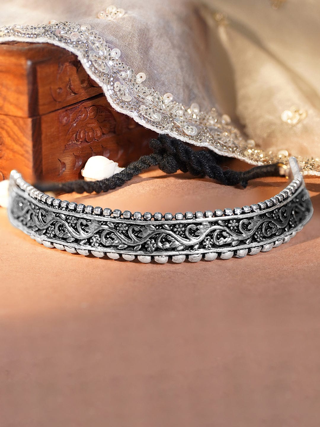 Silver Oxidised Floral Design Choker