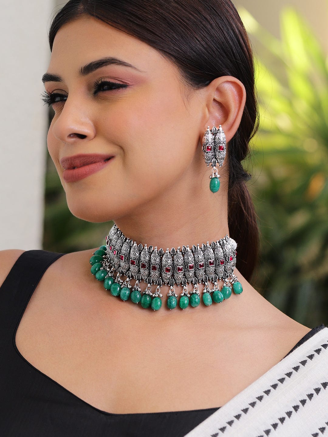 Green Beaded Pink Studded Oxidised Choker Set