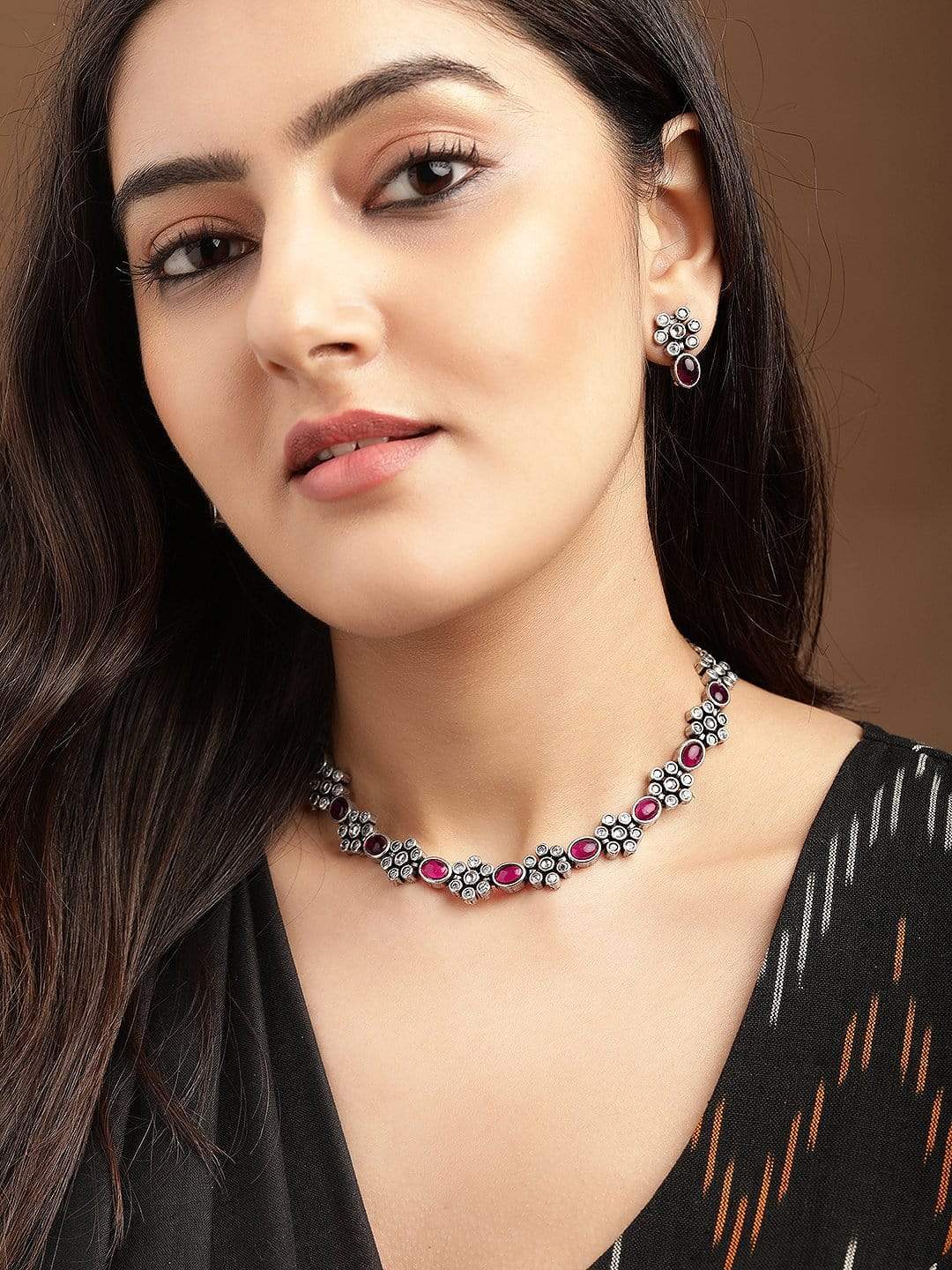 Wentra Oxidised Silver Plated Handcrafted Ruby Stone Necklace Set