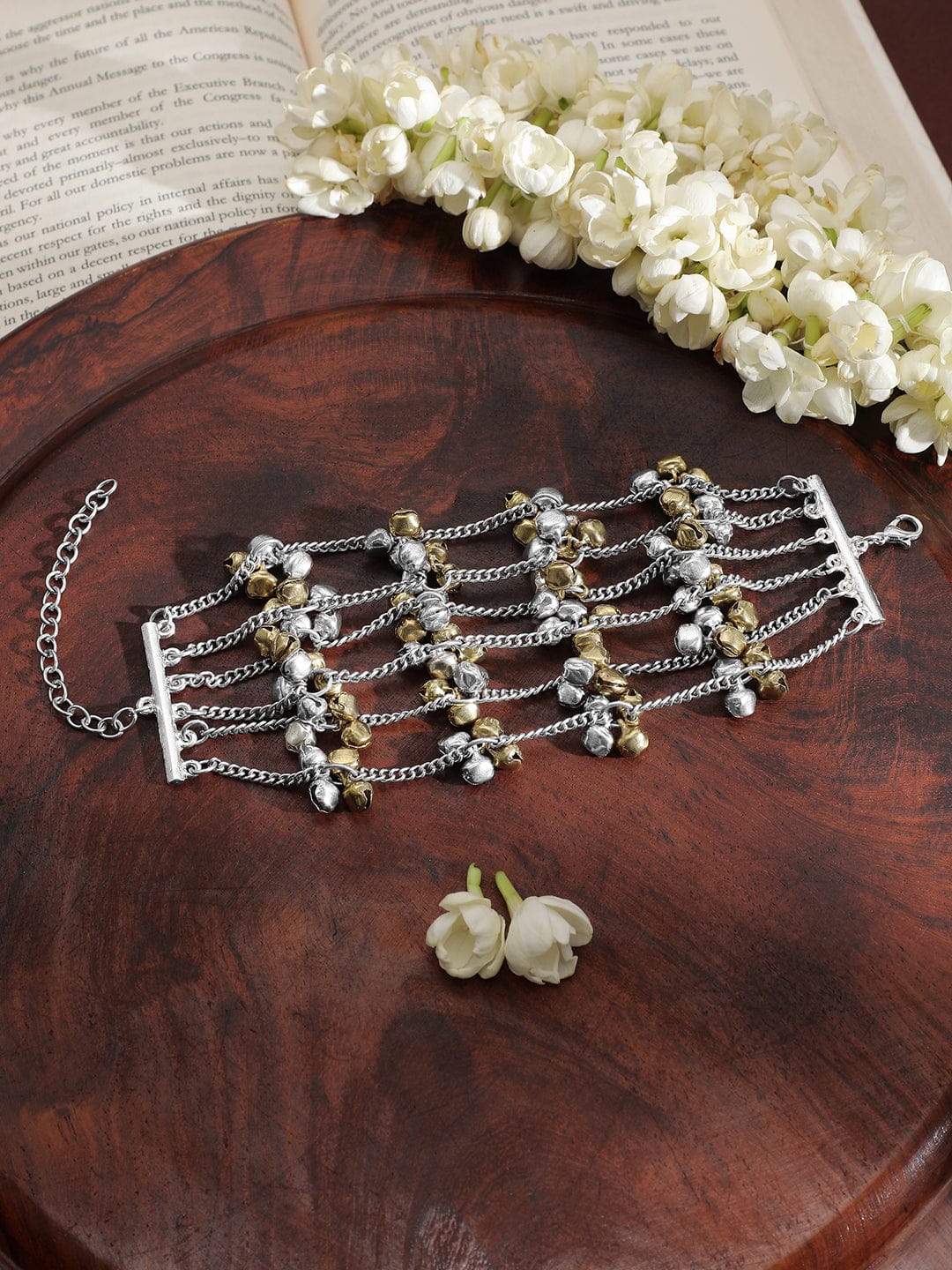 Wentra Oxidised Silver-Plated Multi-Layered Chain Bracelet with Golden & Silver Bells