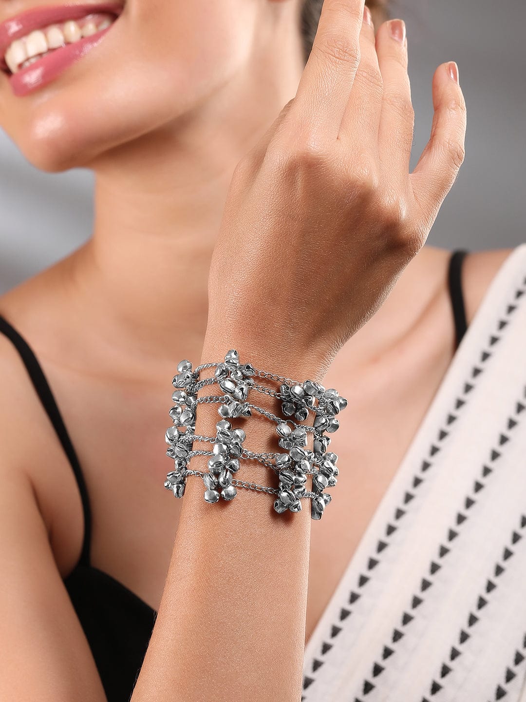Wentra Oxidised Silver-Plated Multi-Layered Chain Bracelet with Silver Bells