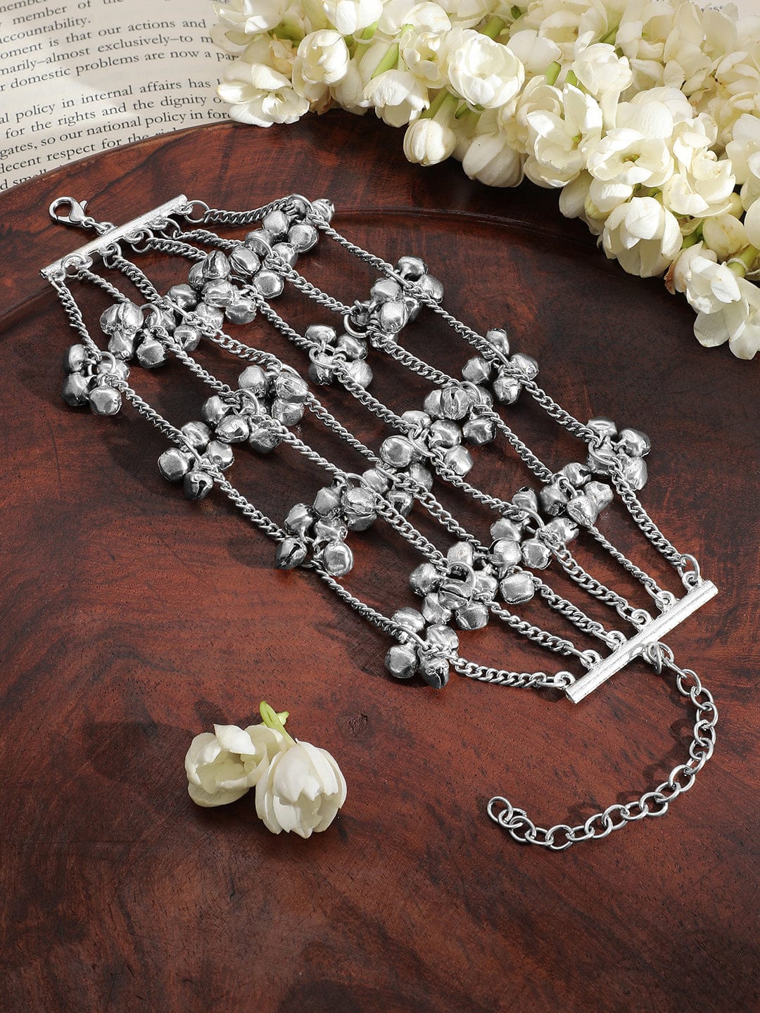 Wentra Oxidised Silver-Plated Multi-Layered Chain Bracelet with Silver Bells