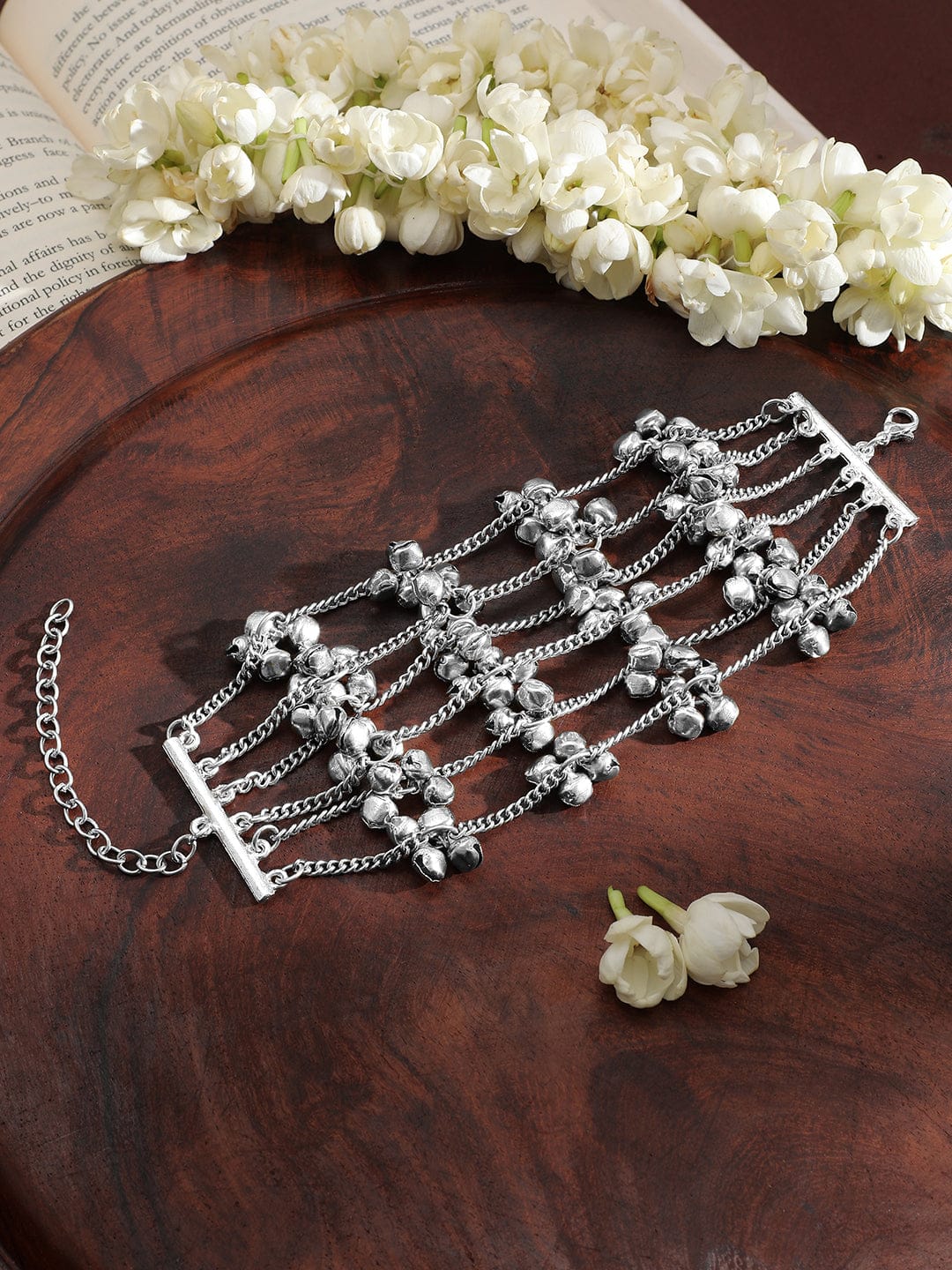 Wentra Oxidised Silver-Plated Multi-Layered Chain Bracelet with Silver Bells