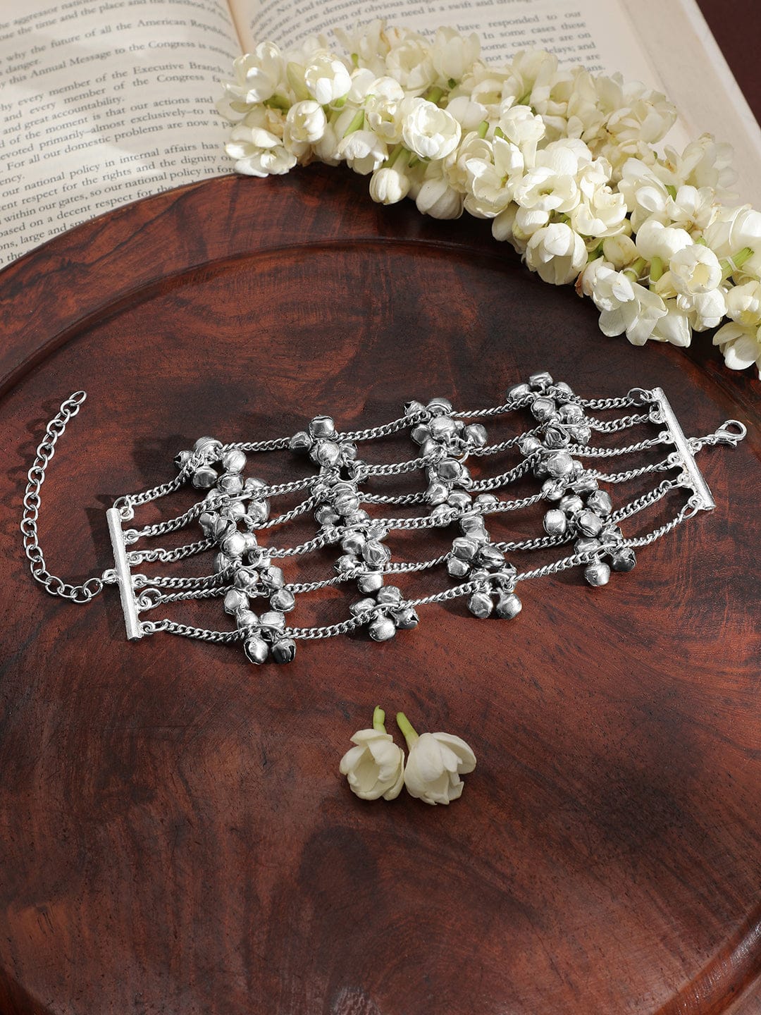 Wentra Oxidised Silver-Plated Multi-Layered Chain Bracelet with Silver Bells