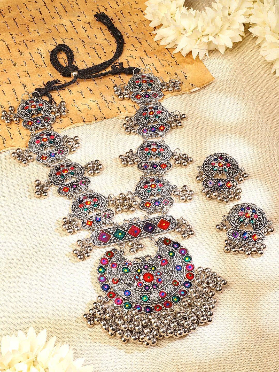 Afghani Multicolor Studded Oxidized Necklace Set