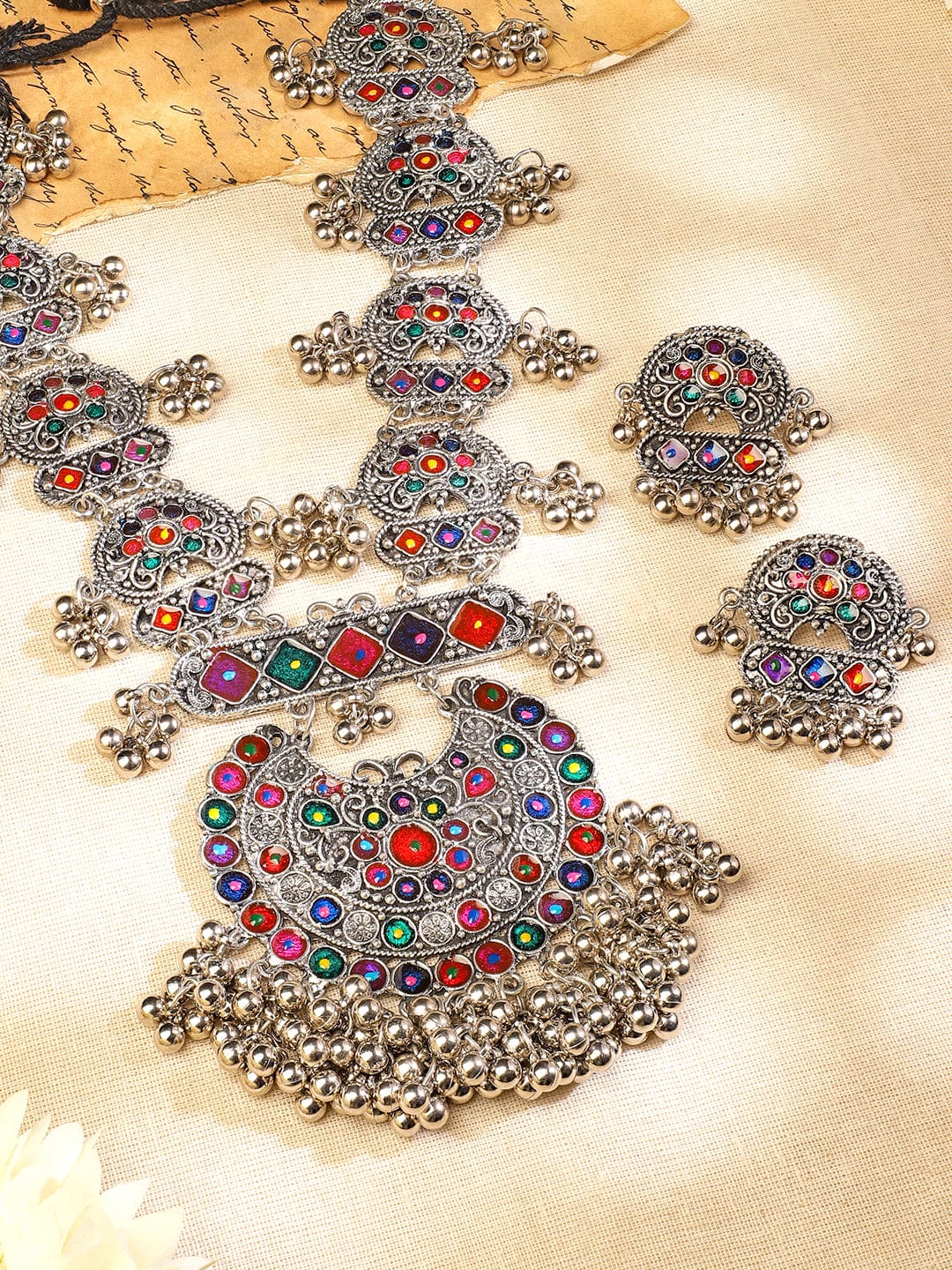 Afghani Multicolor Studded Oxidized Necklace Set