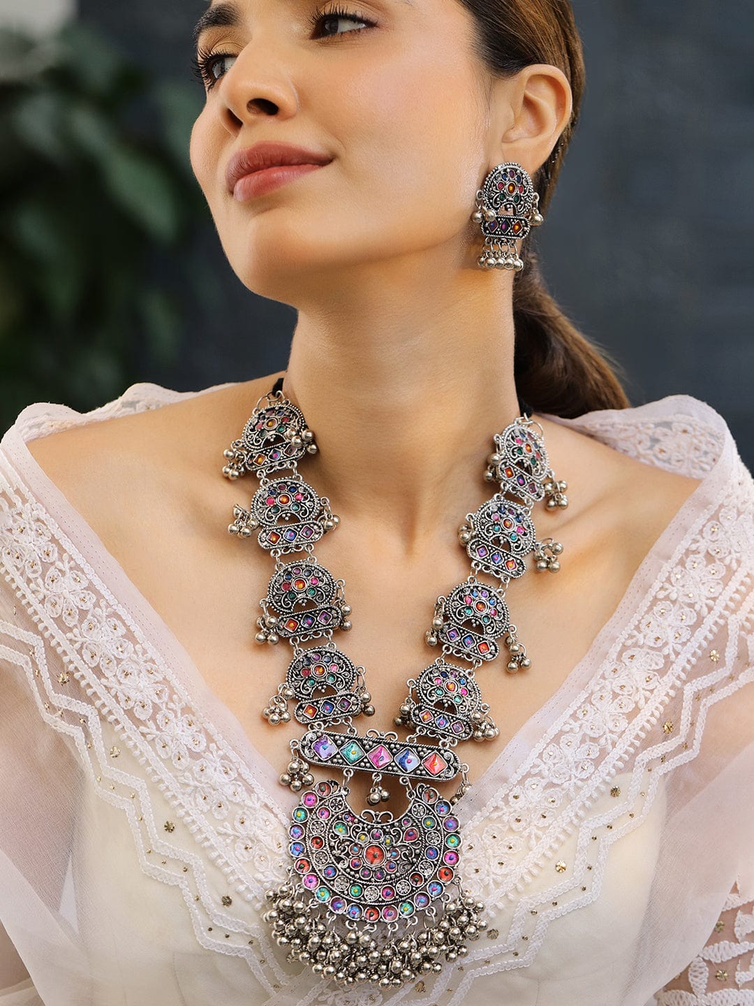 Afghani Multicolor Studded Oxidized Necklace Set