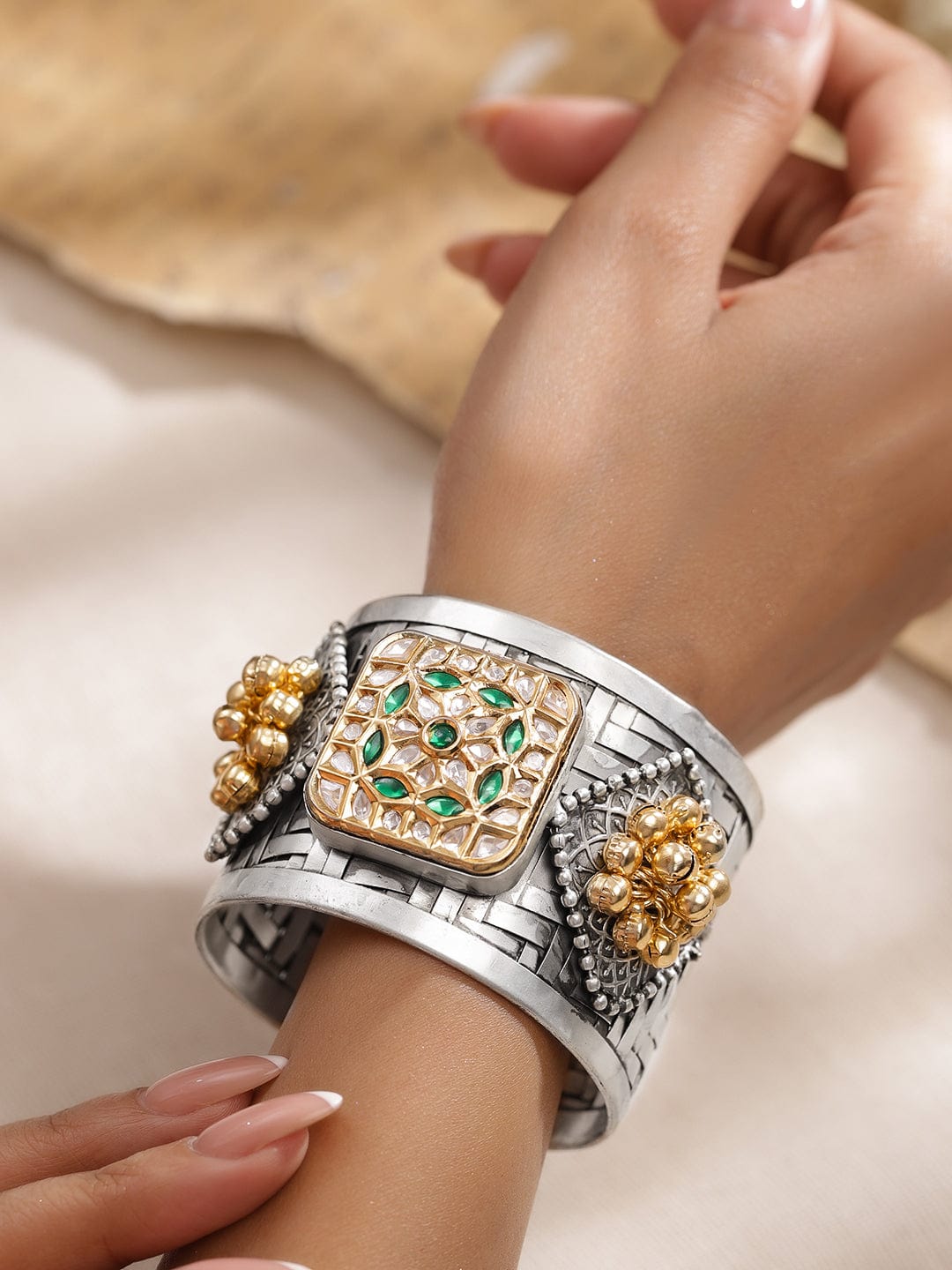 Wentra Oxidised Silver-Plated Open Cuff Bracelet with Emerald Green Stones & Golden Beads