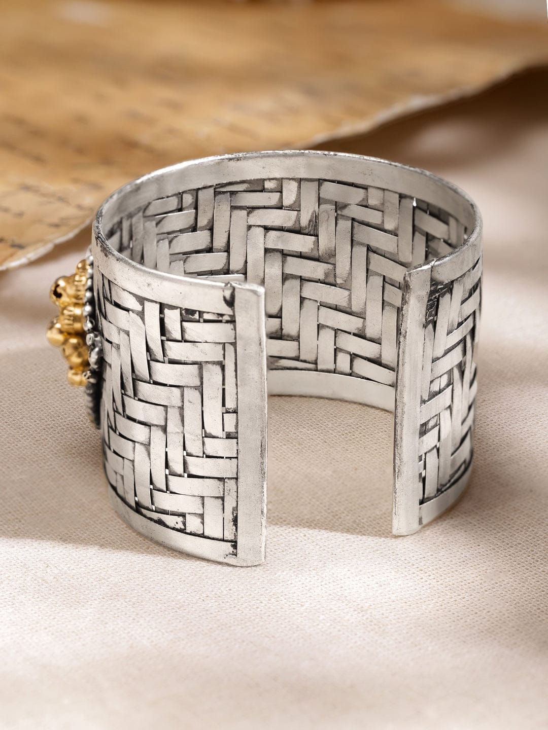 Wentra Oxidised Silver-Plated Open Cuff Bracelet with Emerald Green Stones & Golden Beads