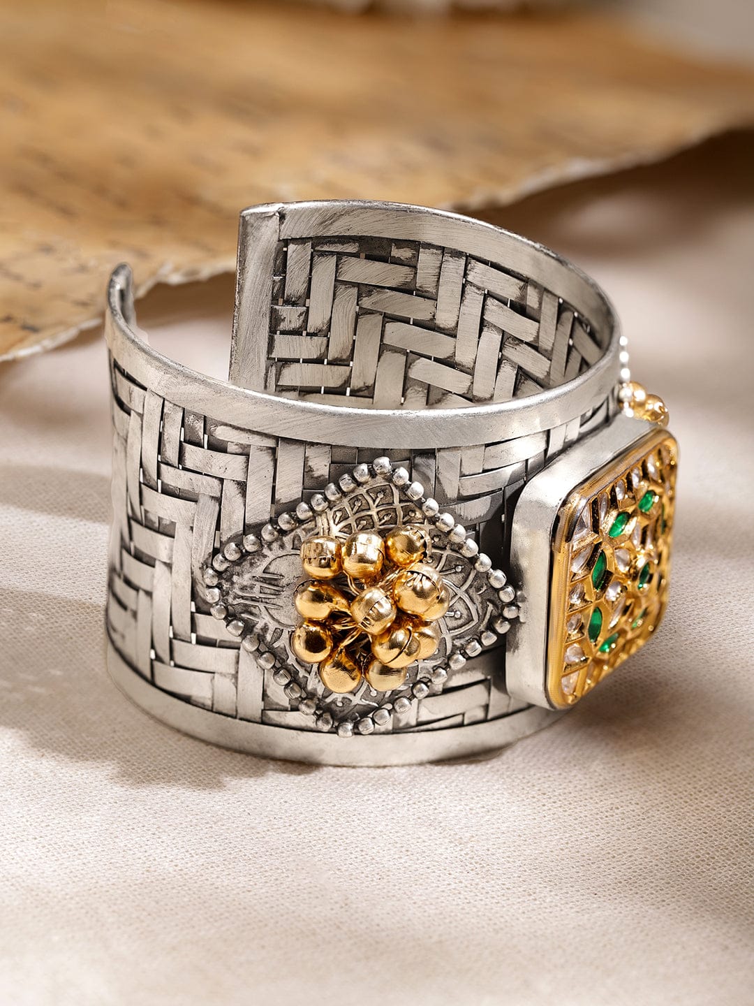 Wentra Oxidised Silver-Plated Open Cuff Bracelet with Emerald Green Stones & Golden Beads
