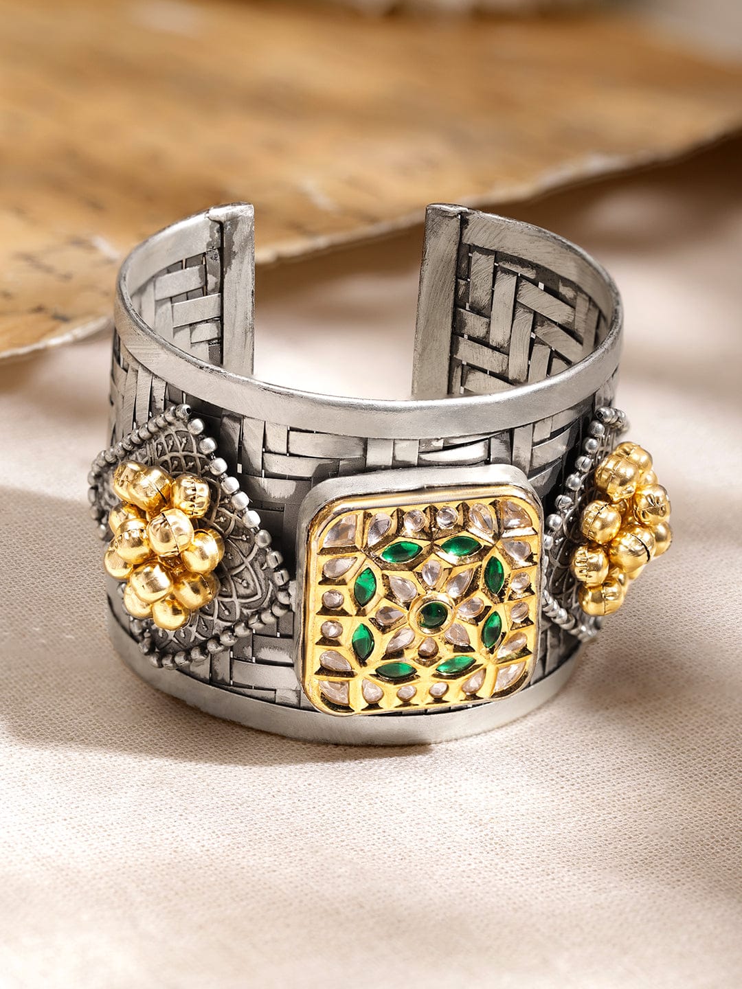 Wentra Oxidised Silver-Plated Open Cuff Bracelet with Emerald Green Stones & Golden Beads