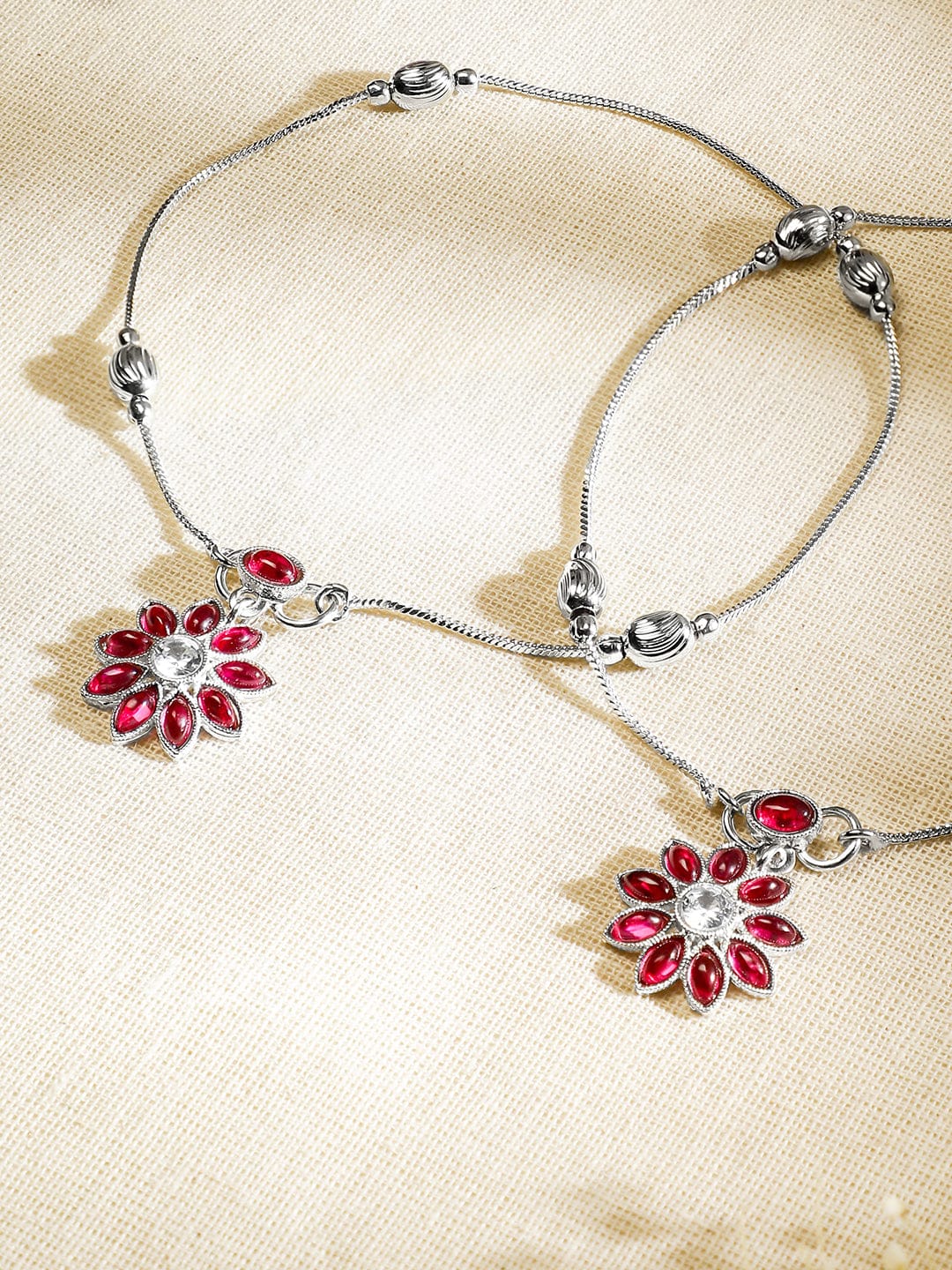 Wentra Oxidised Silver-Plated Ruby Pink & White Kundan Studded Floral Charm Anklet Set of 2 for Women