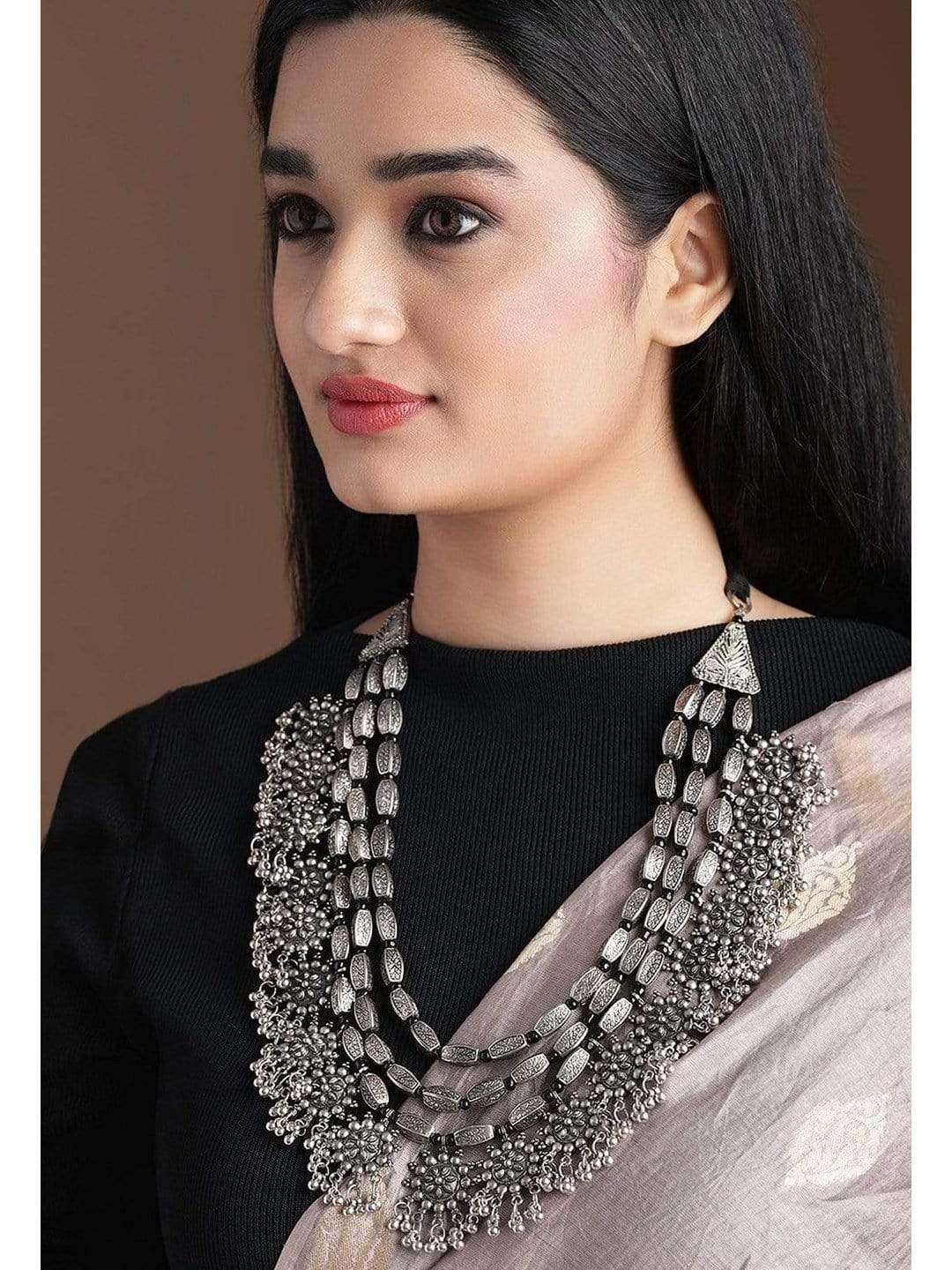 Wentra Oxidised Silver Toned Embellished With Multilayer Statement Necklace