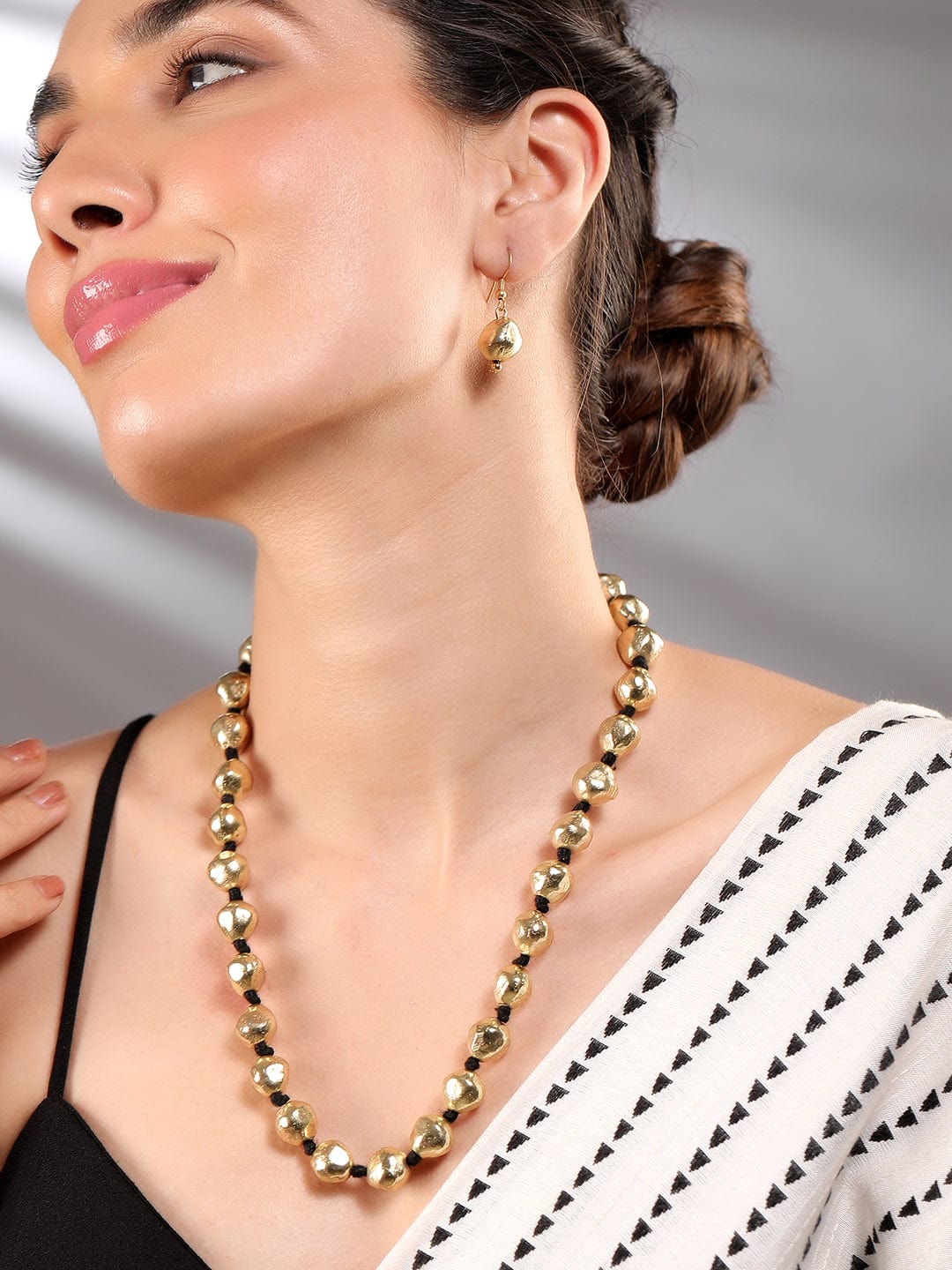 Oxidized Golden Beaded Long Necklace Set