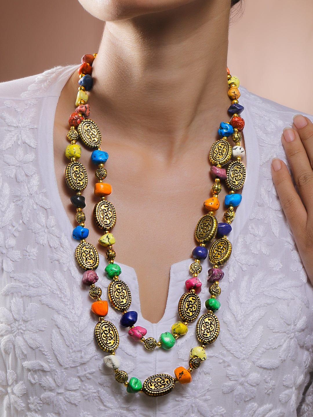 Gold Toned Multi Layered Beaded Necklace