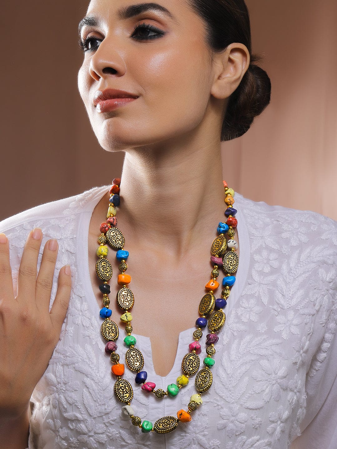 Gold Toned Multi Layered Beaded Necklace