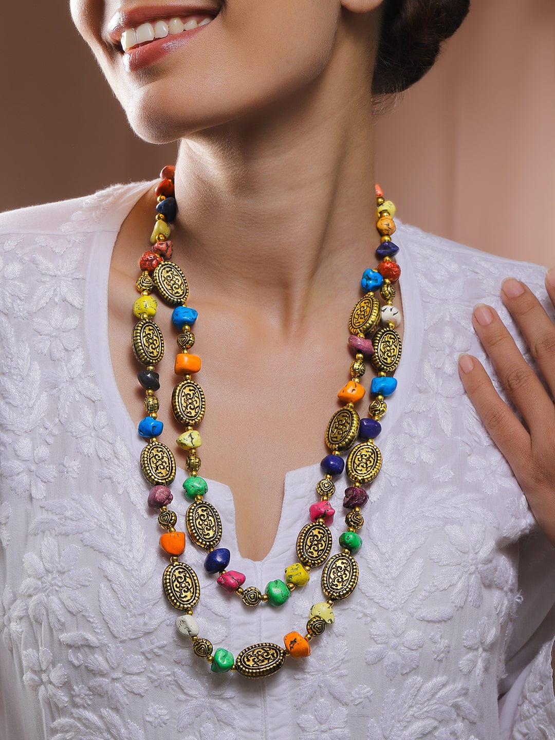 Gold Toned Multi Layered Beaded Necklace