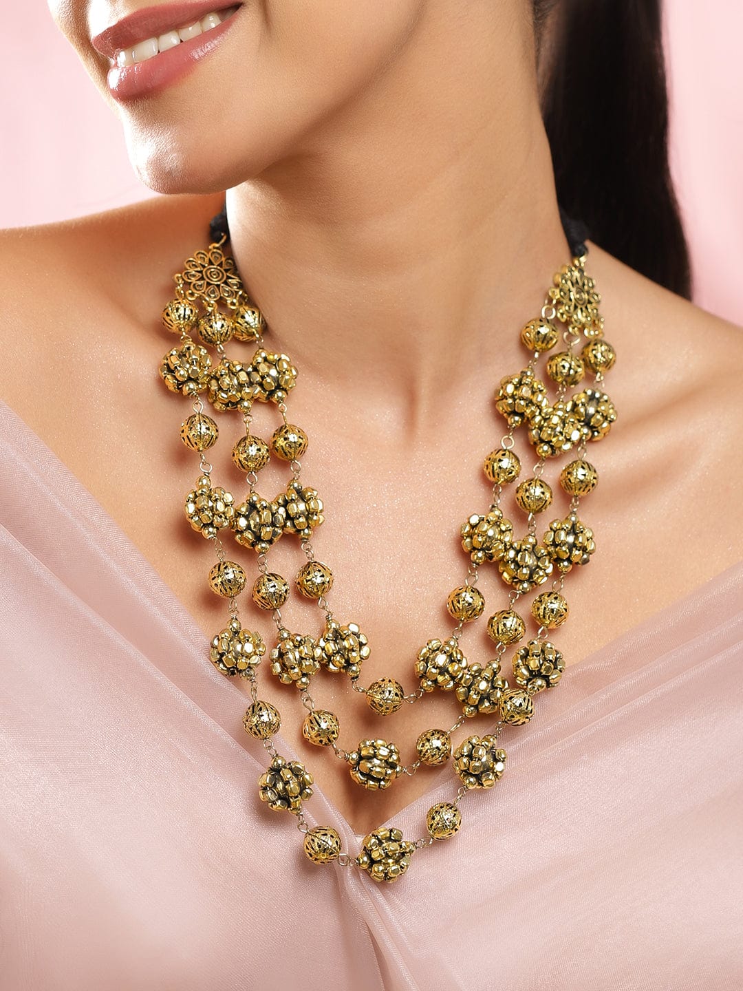 Oxidised Gold Toned Beaded Layered Necklace