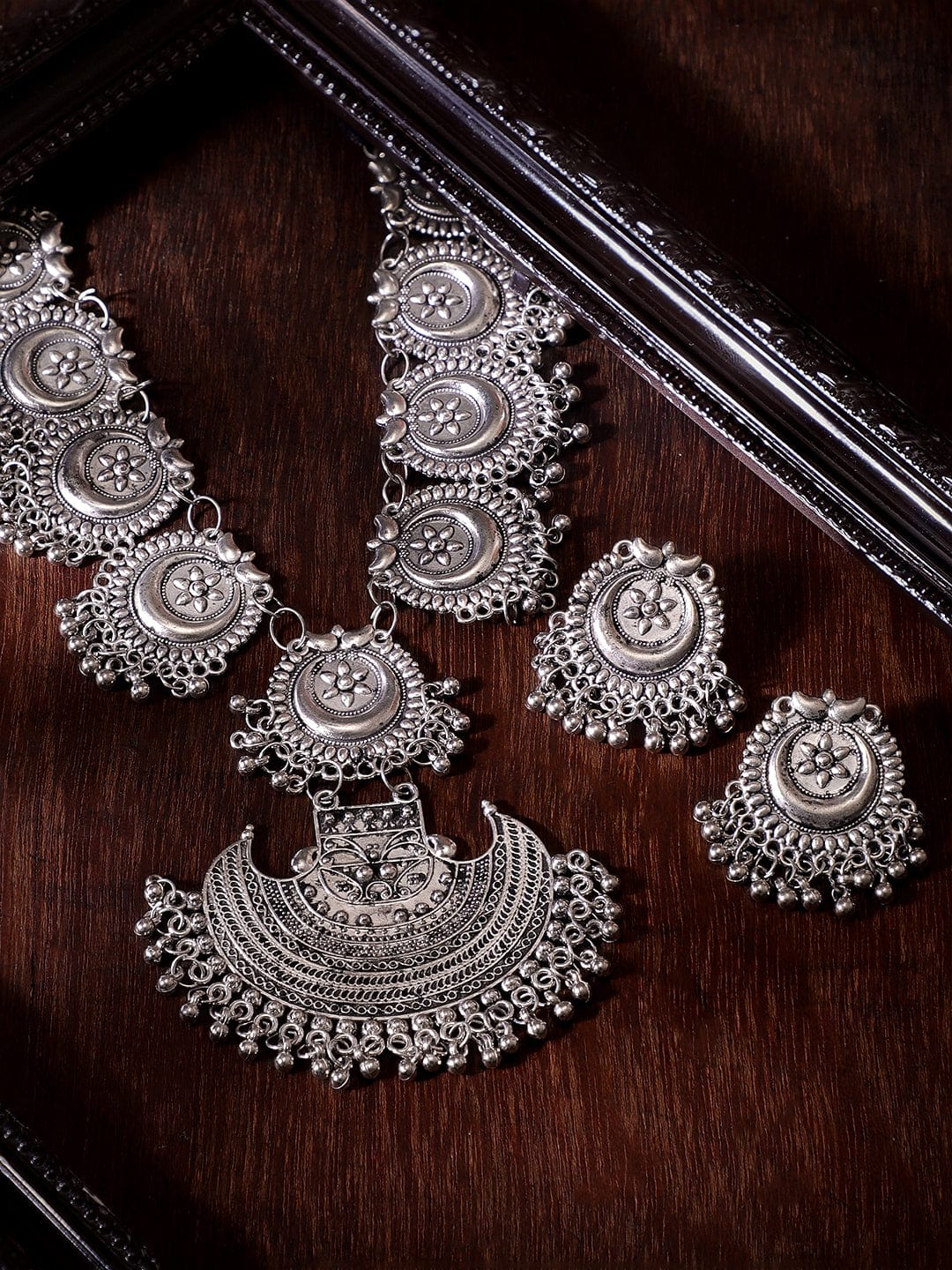 Oxidized Half Moon Floral Necklace Set