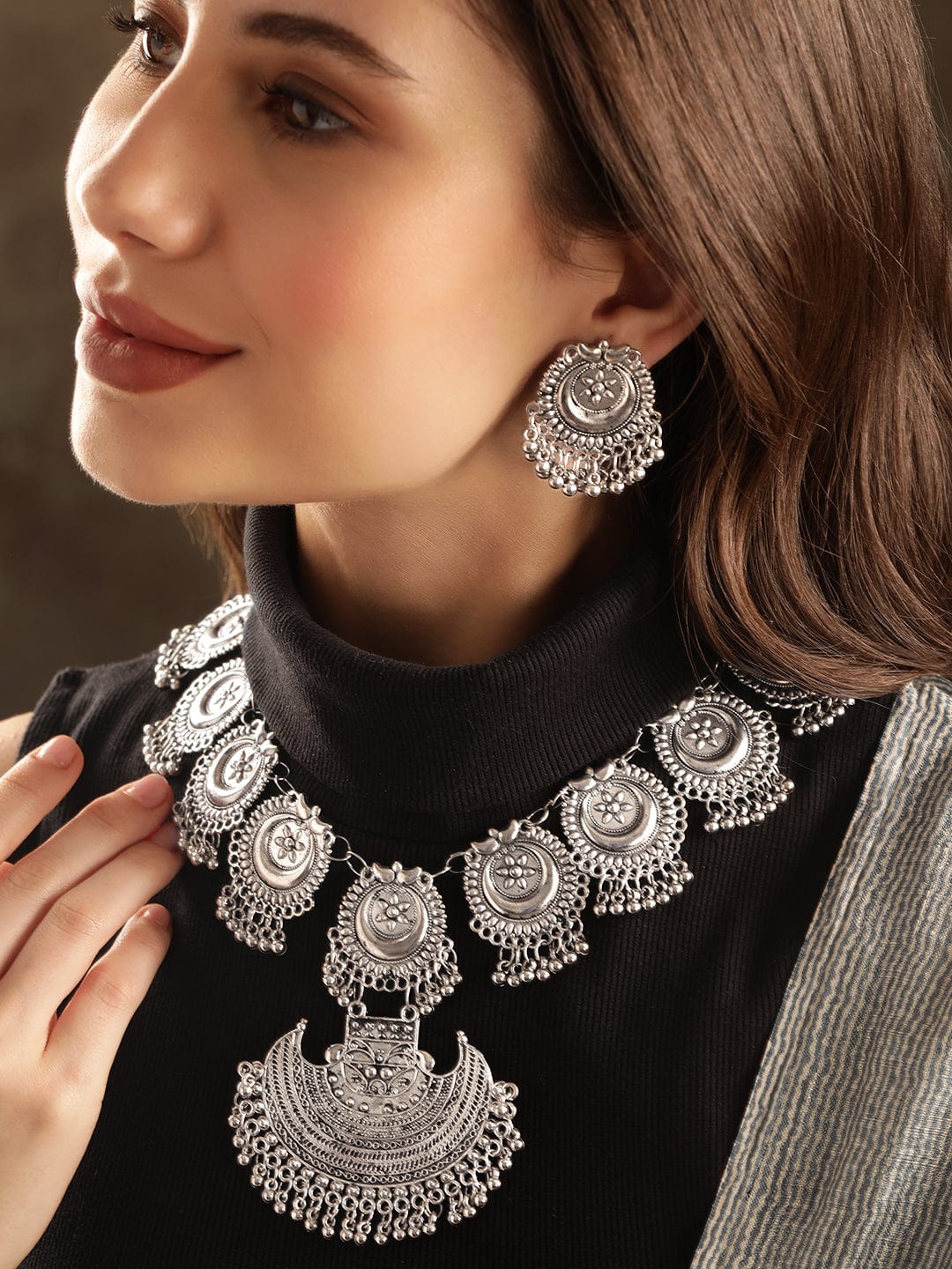 Oxidized Half Moon Floral Necklace Set
