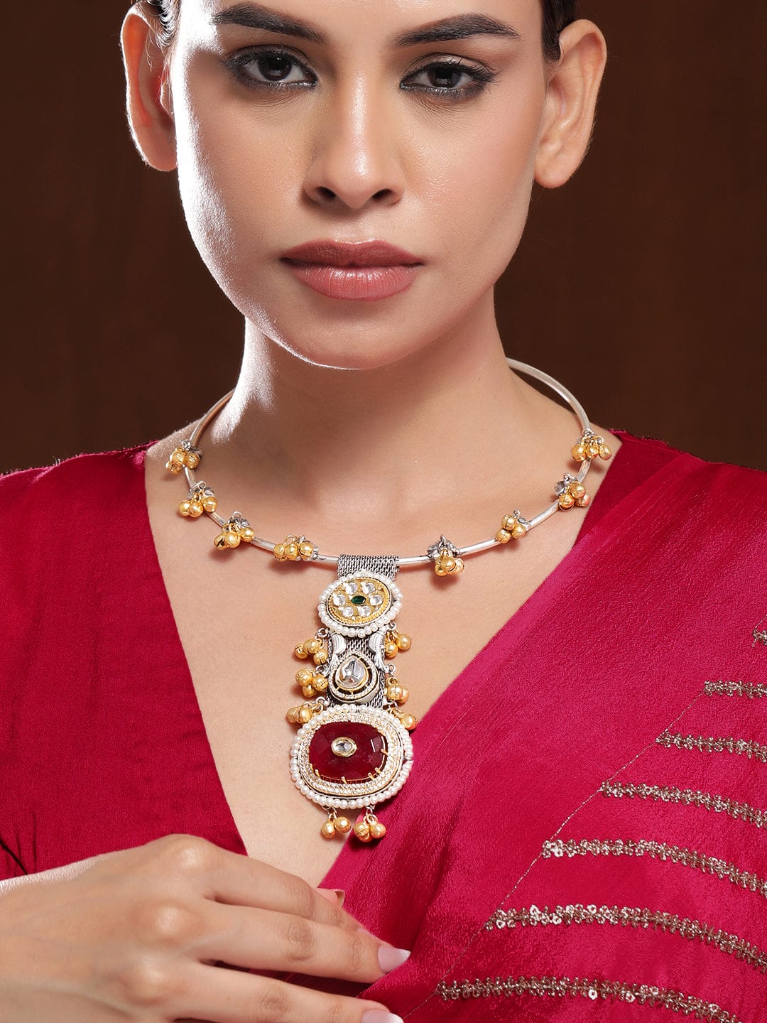 Oxidised Ruby Centred Gold Beads Necklace