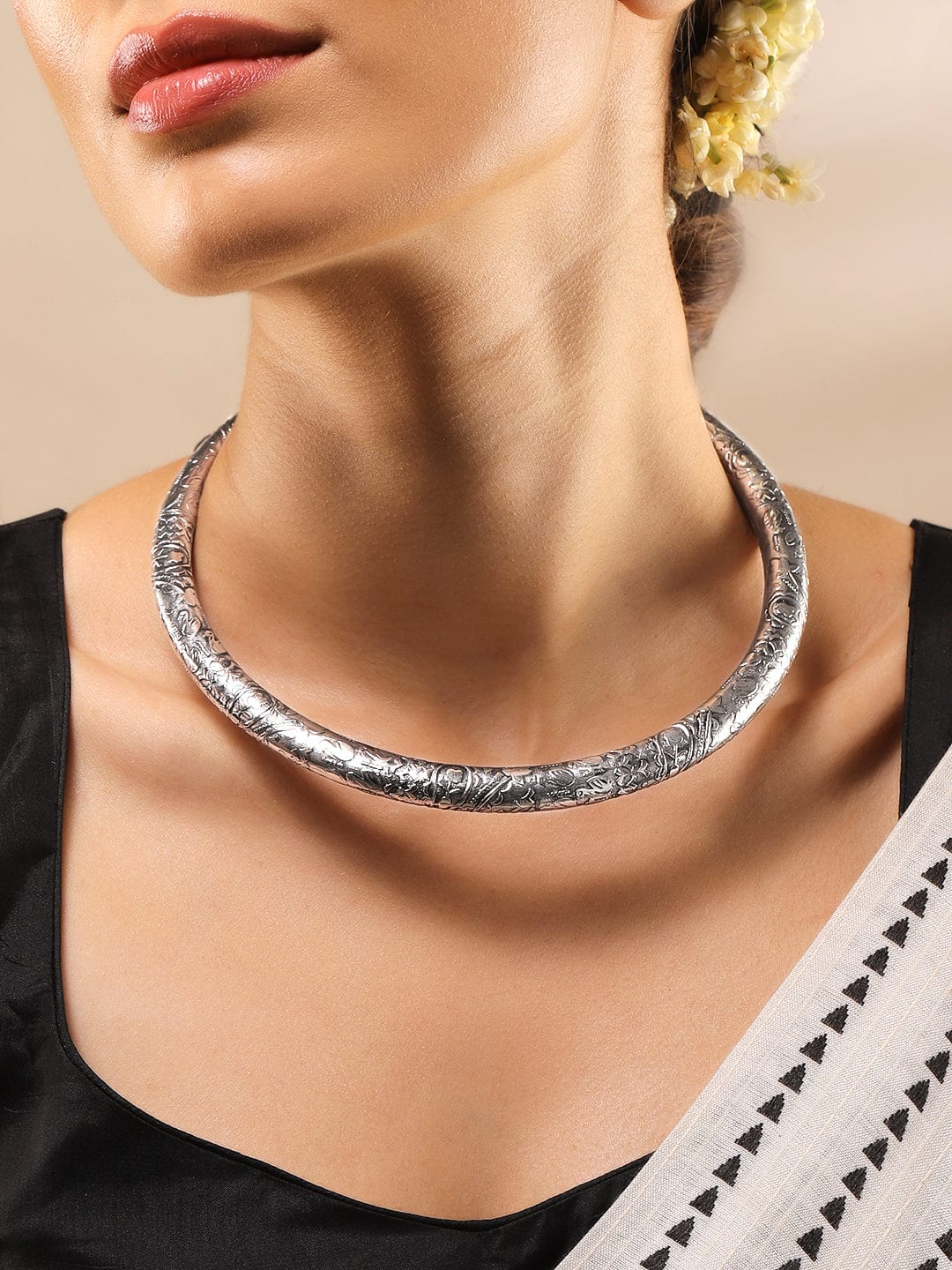 Wentra Oxidized Silver Plated Floral and Geometric Design Statement Choker Necklace