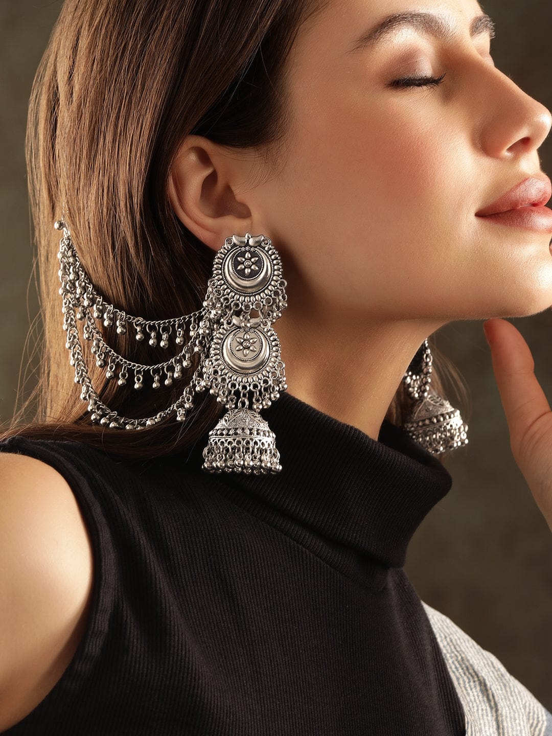 Ethno-Chic Oxidised Jhumka with Kaan Chain