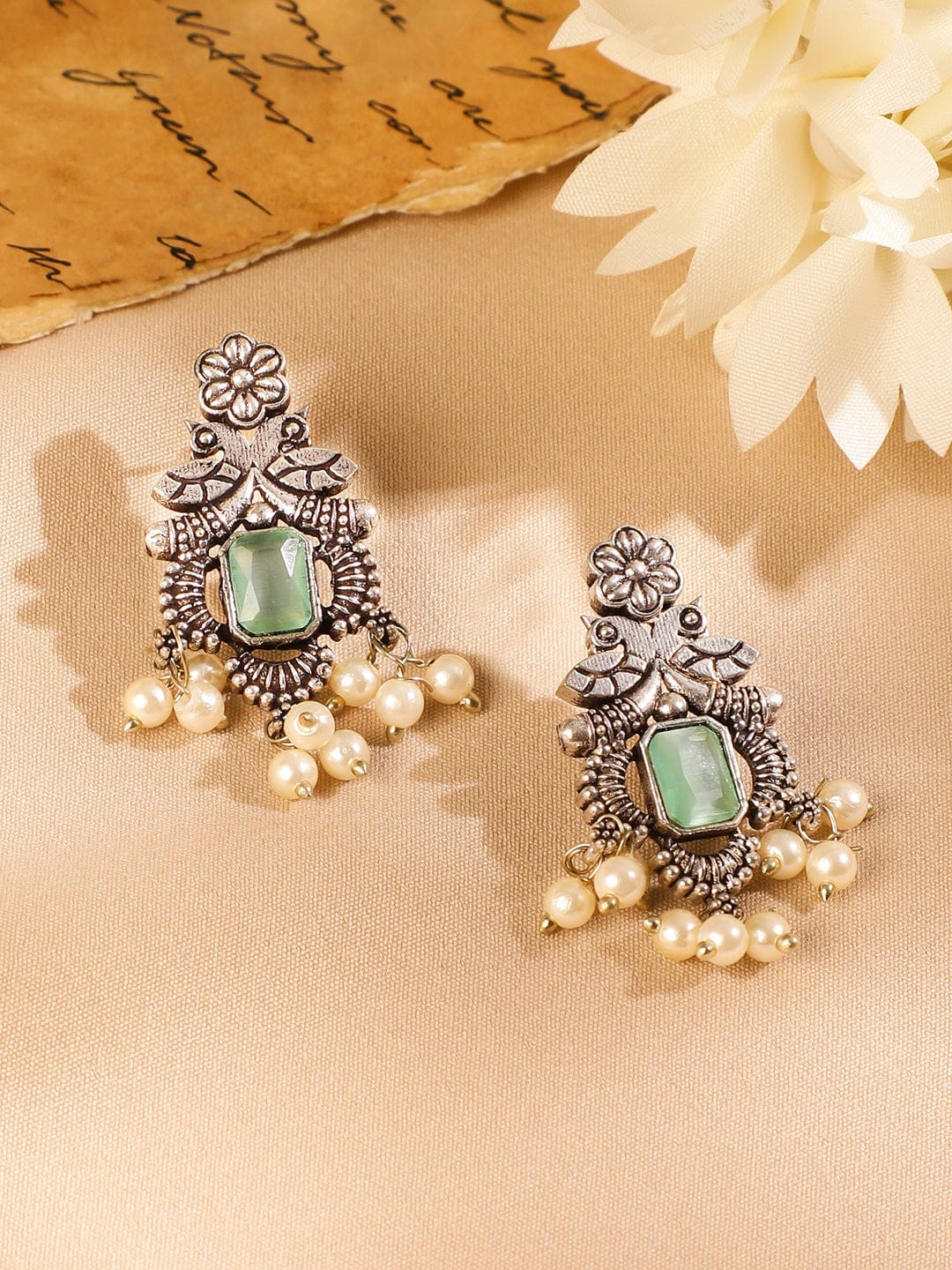 Oxidised Pearl Drop Green Necklace Set