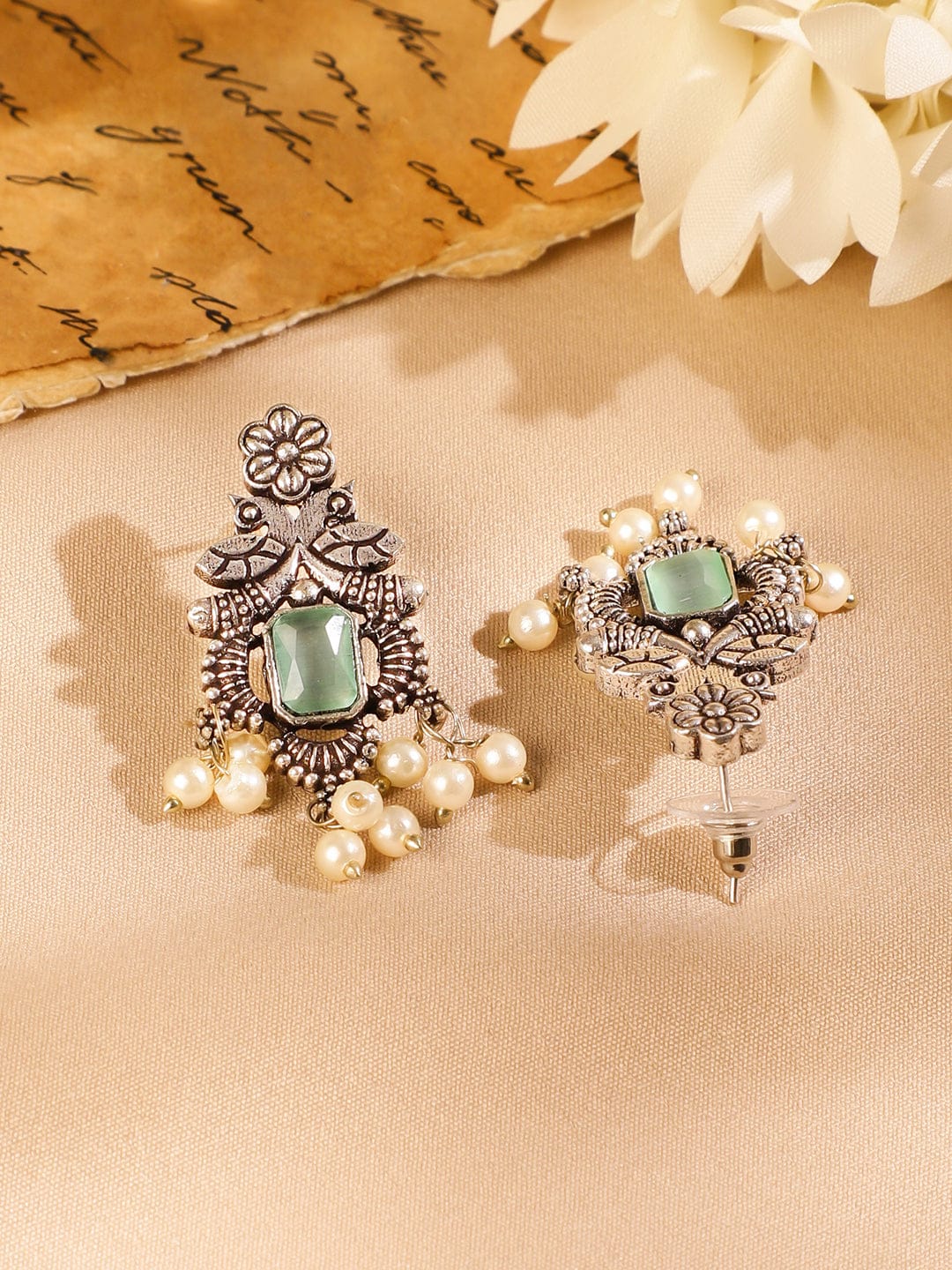 Oxidised Pearl Drop Green Necklace Set