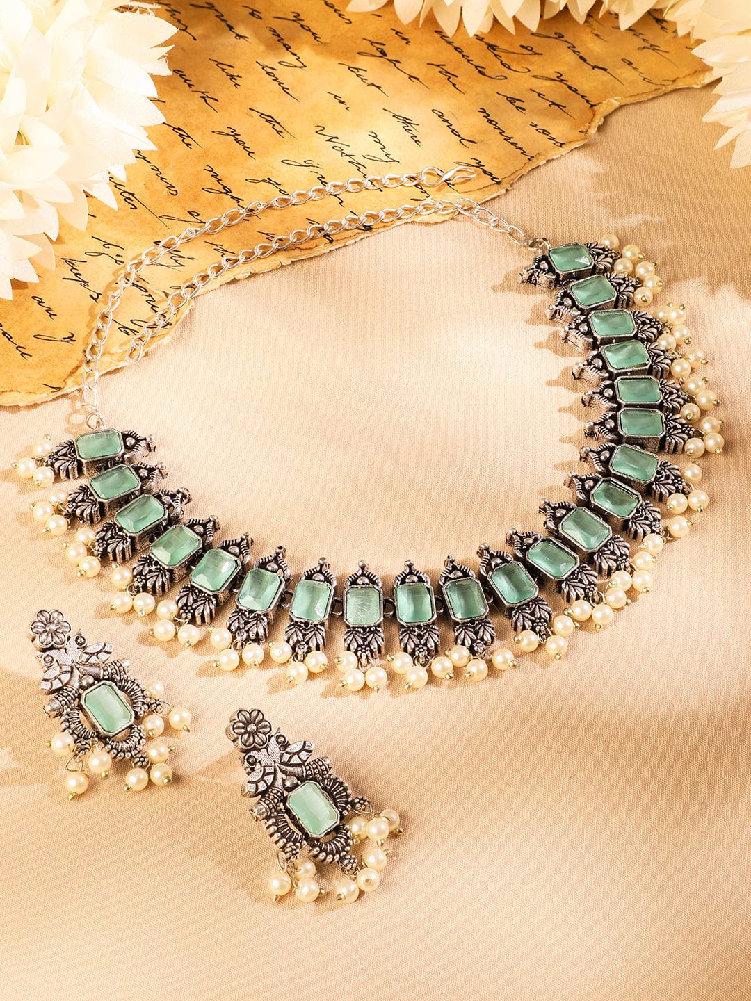 Oxidised Pearl Drop Green Necklace Set