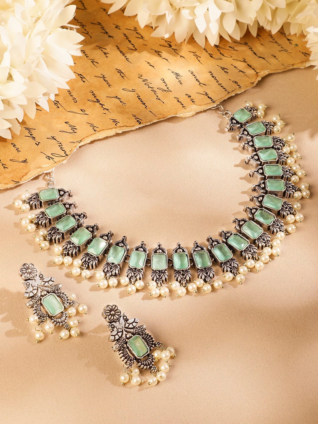 Oxidised Pearl Drop Green Necklace Set