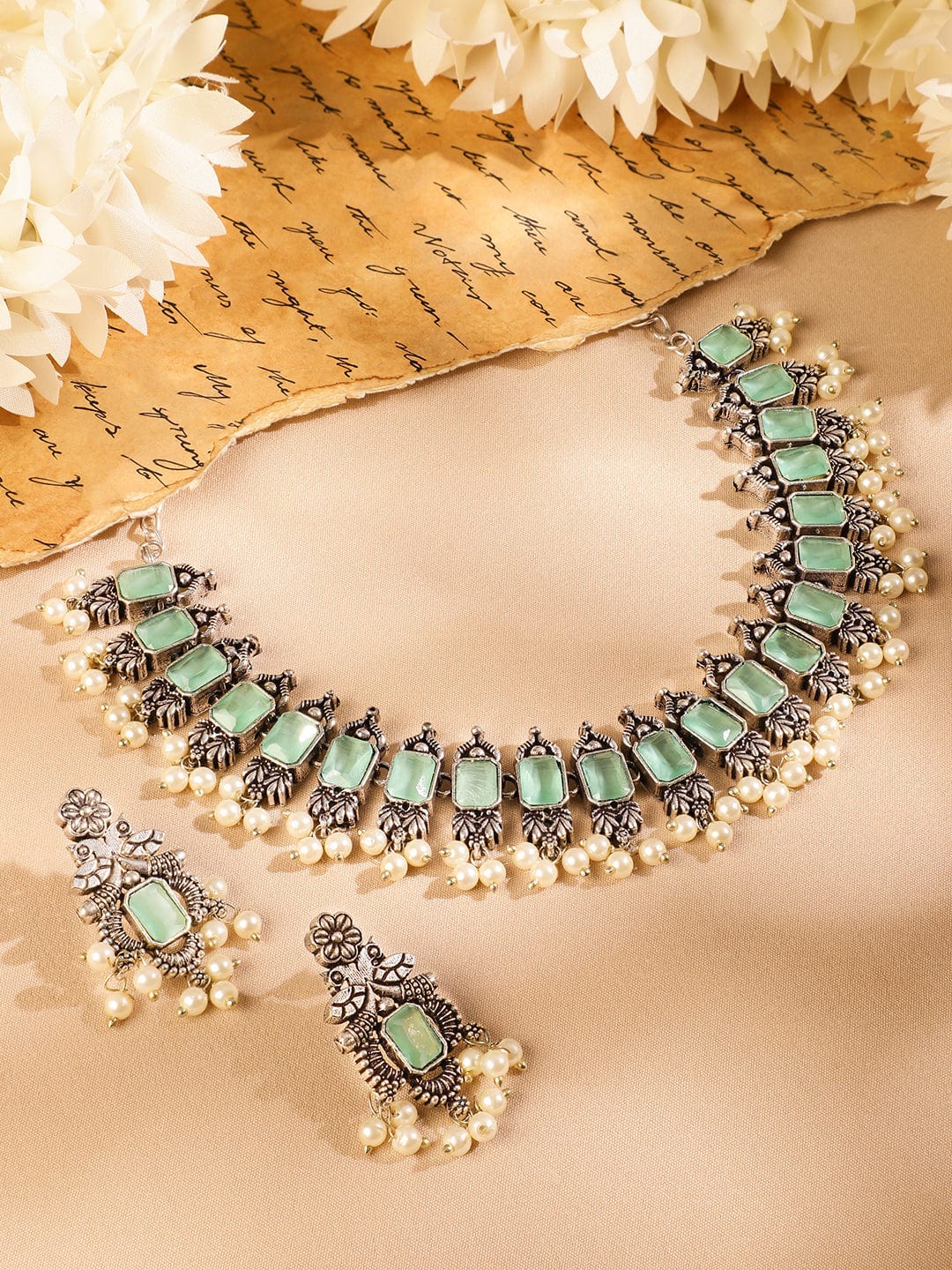 Oxidised Pearl Drop Green Necklace Set