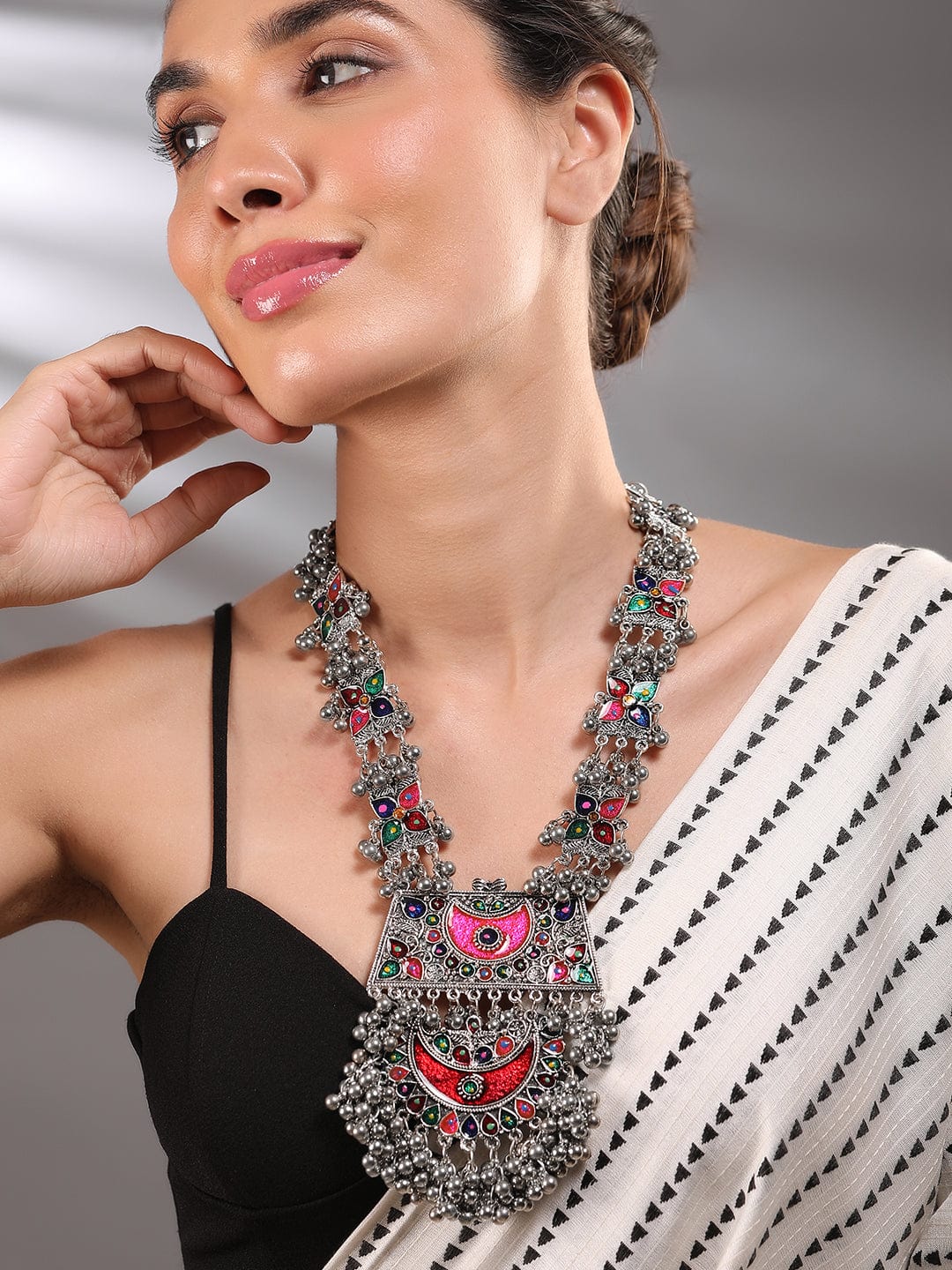 Multicolor Studded Silver Beads Oxidised Necklace