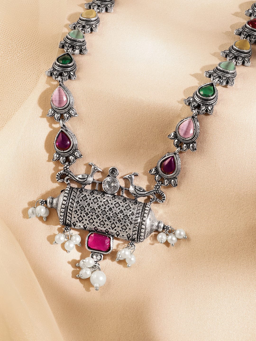 Oxidised Peacock Motif Multicolor Pearl Drop Necklace