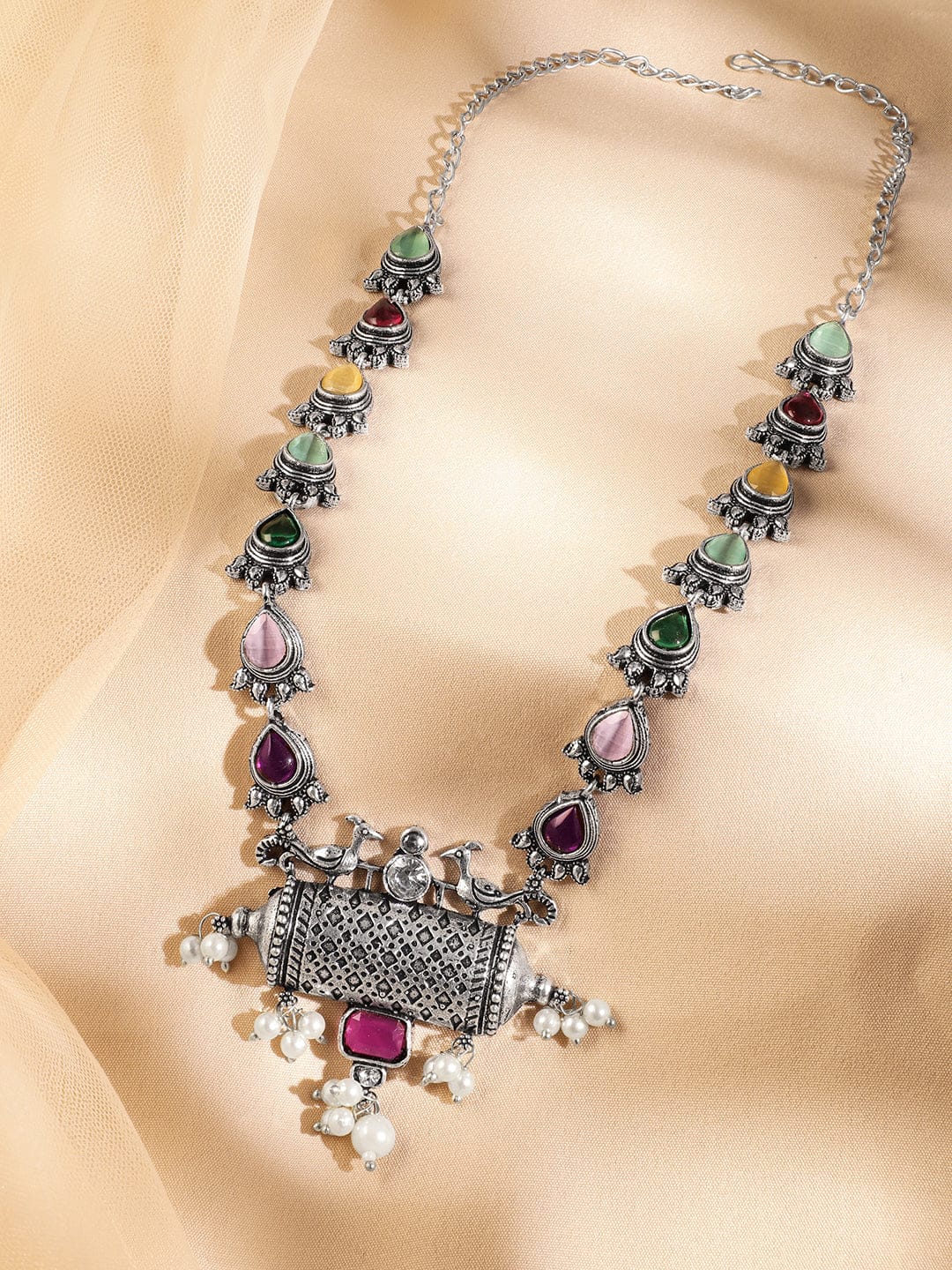 Oxidised Peacock Motif Multicolor Pearl Drop Necklace