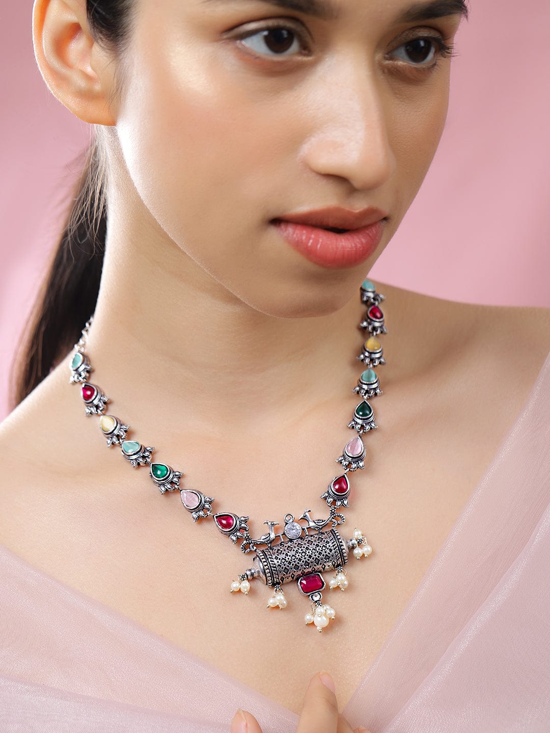Oxidised Peacock Motif Multicolor Pearl Drop Necklace