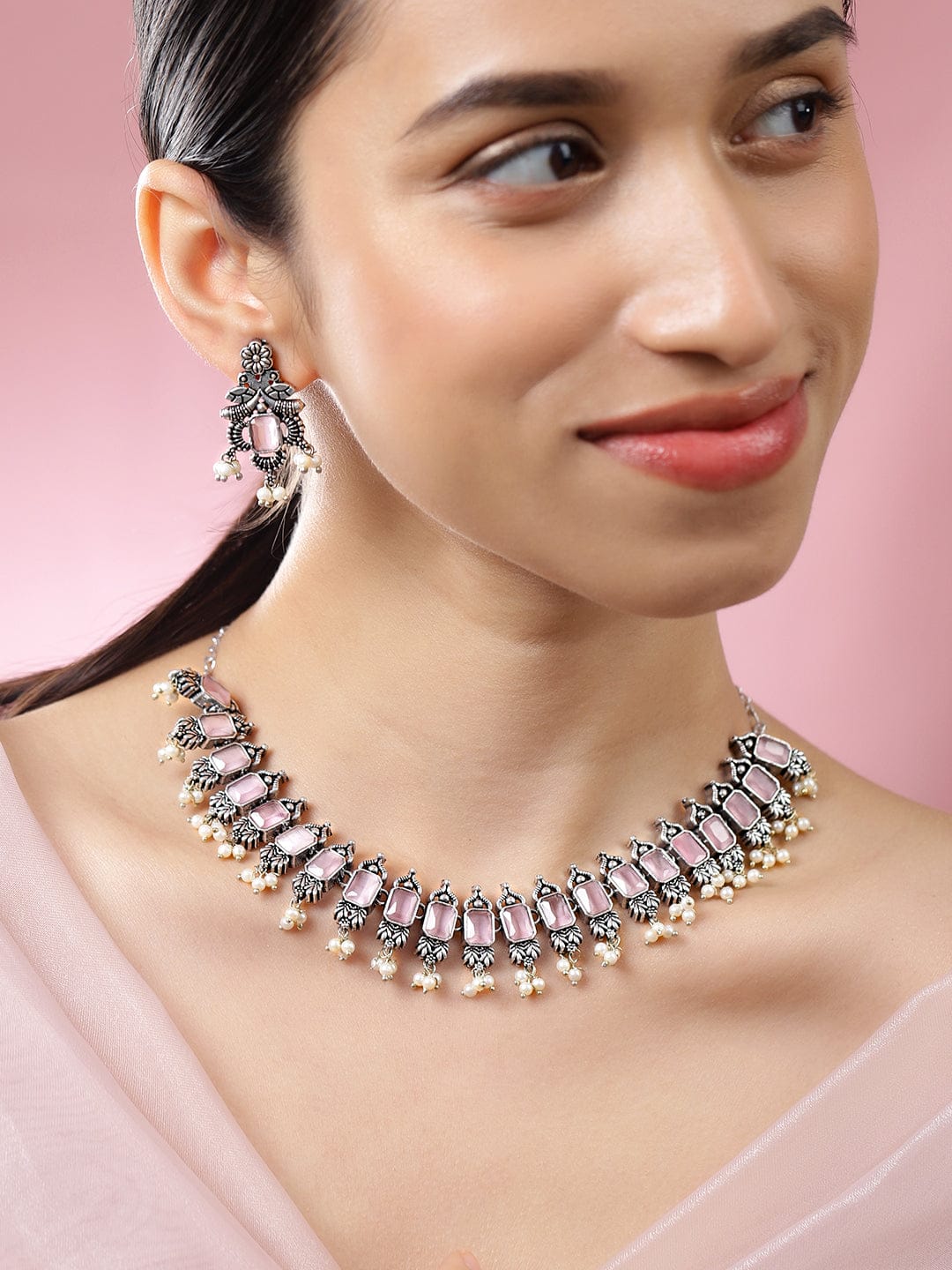 Oxidised Pearl Drop Pink Necklace Set