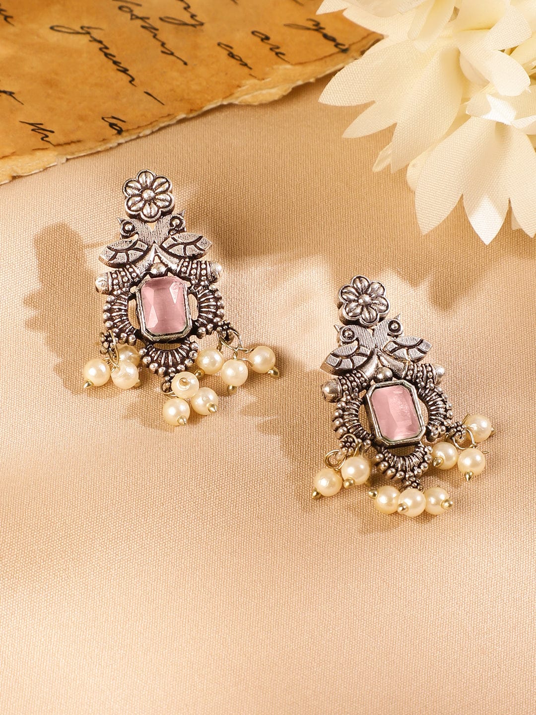 Oxidised Pearl Drop Pink Necklace Set