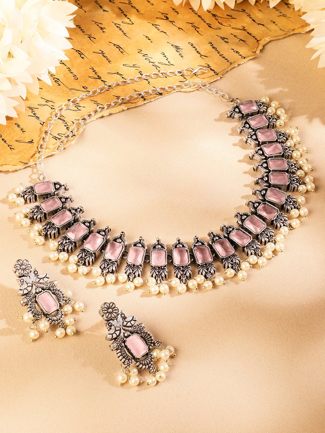 Oxidised Pearl Drop Pink Necklace Set