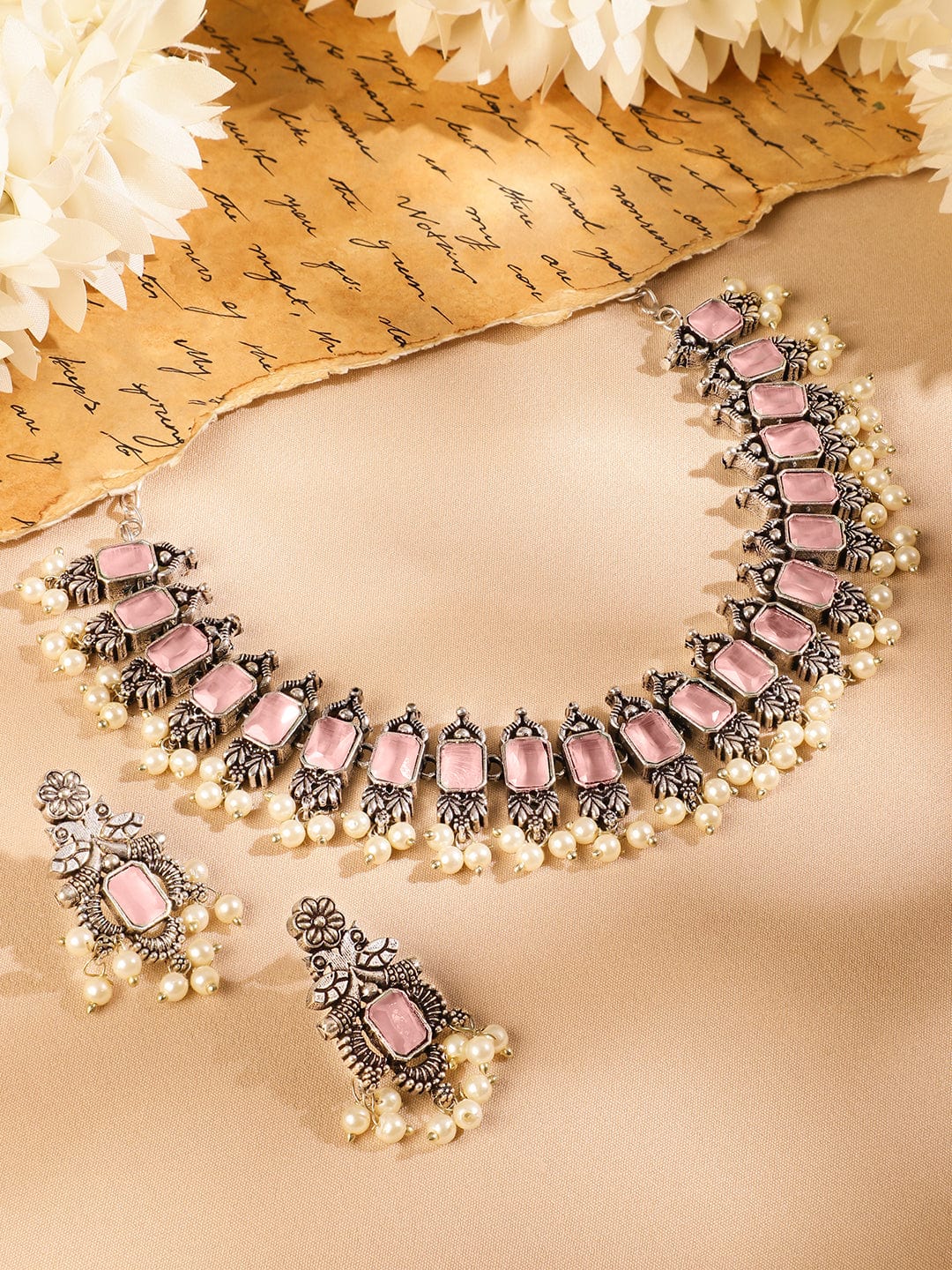 Oxidised Pearl Drop Pink Necklace Set