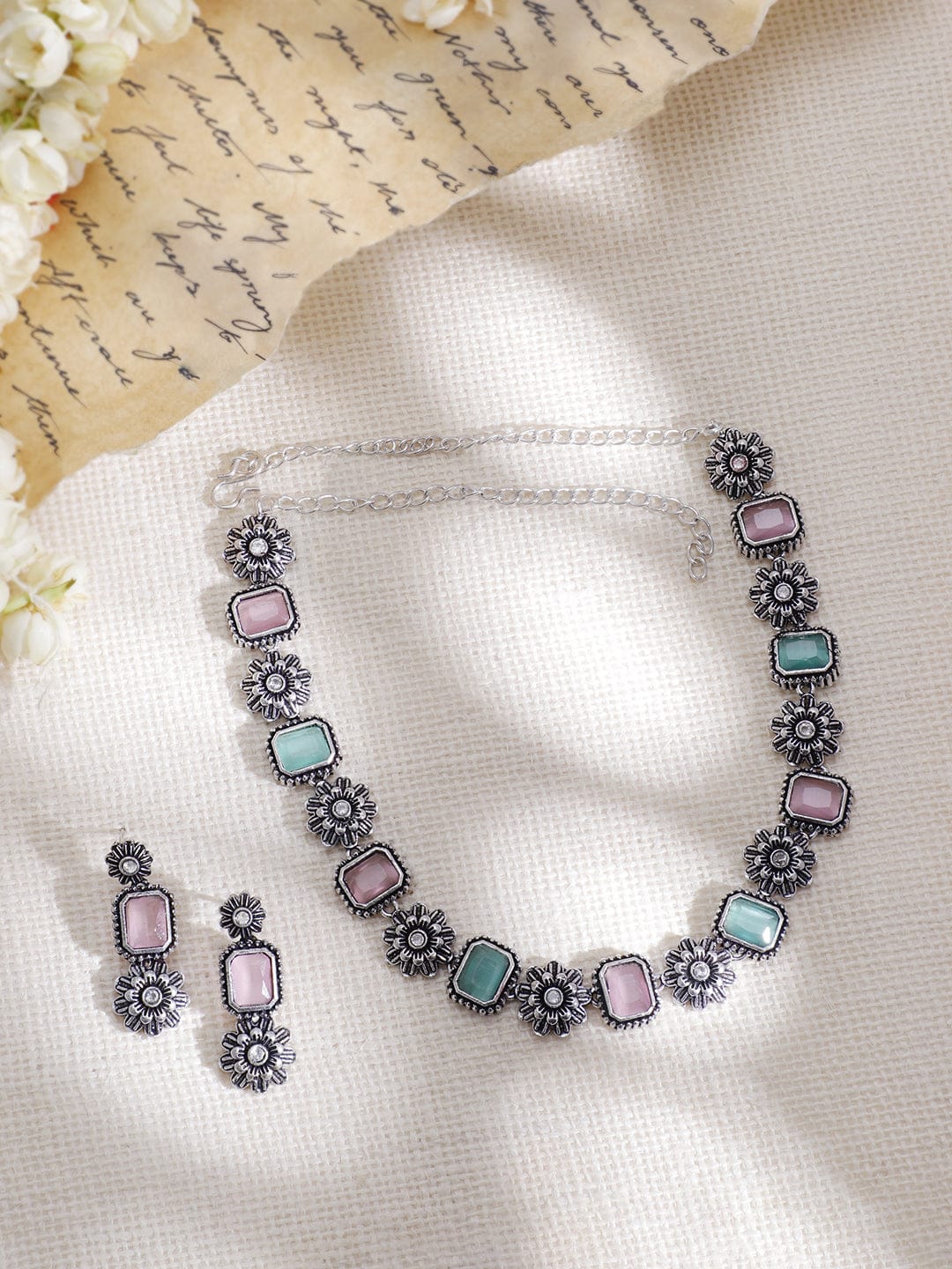 Pink & Blue Oxidized Floral Necklace Set