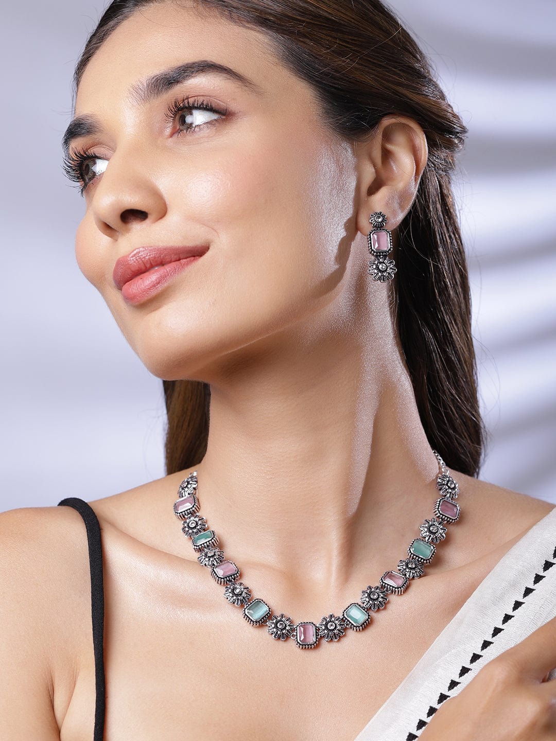 Pink & Blue Oxidized Floral Necklace Set
