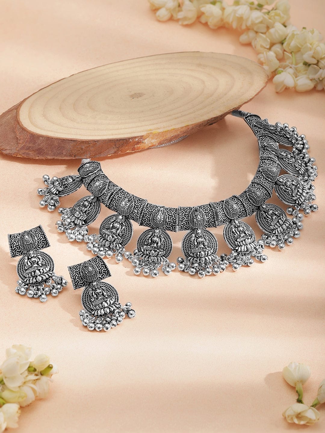 Laxmi Motif Silver Beaded Oxidized Choker Set