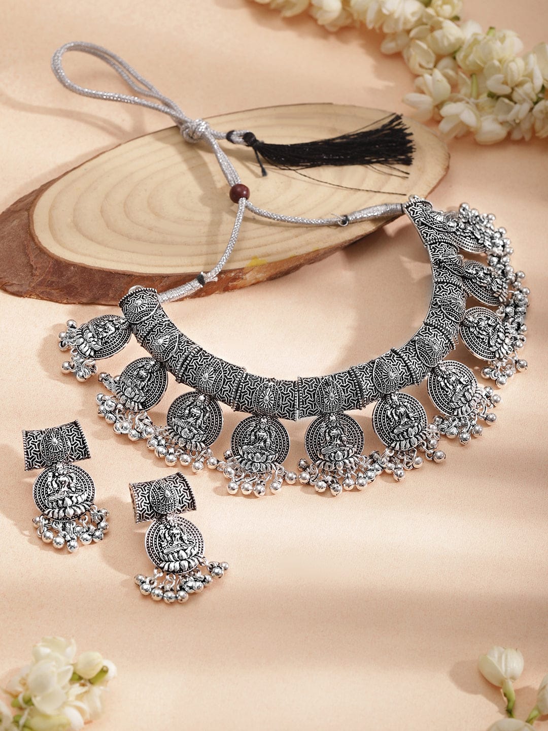 Laxmi Motif Silver Beaded Oxidized Choker Set