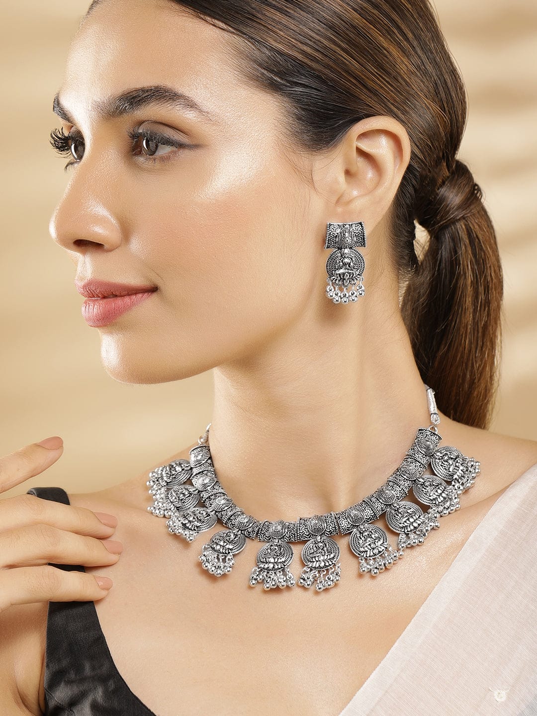 Laxmi Motif Silver Beaded Oxidized Choker Set