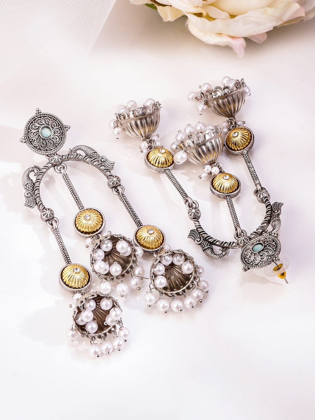 Festive Pearl Cascades Silver Long Jhumkas