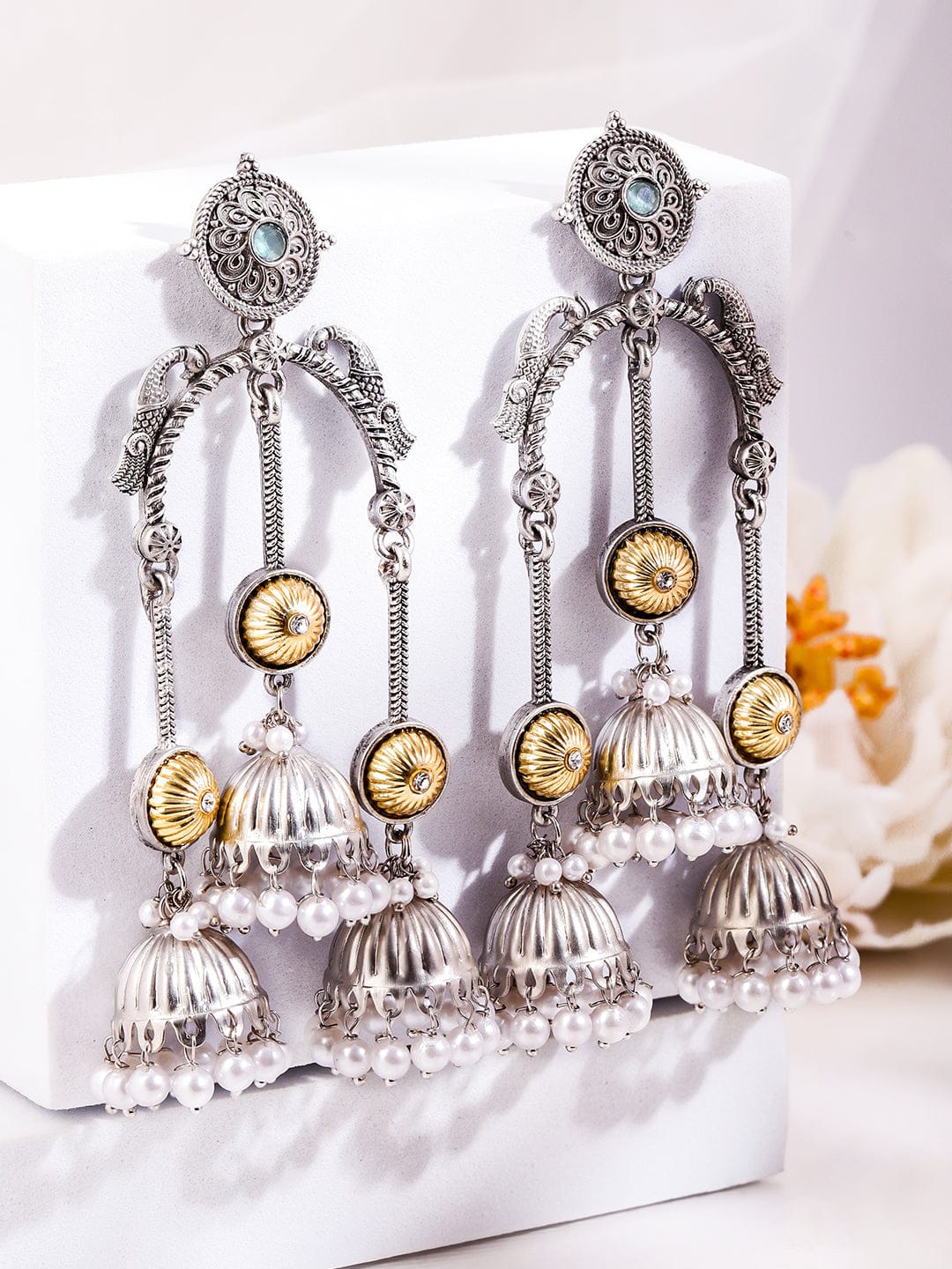 Festive Pearl Cascades Silver Long Jhumkas