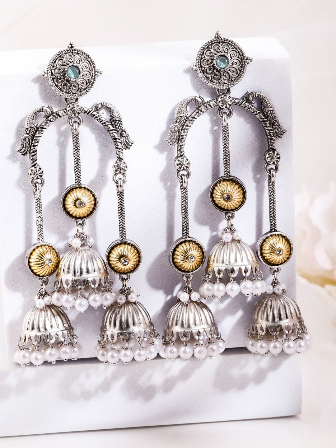 Festive Pearl Cascades Silver Long Jhumkas